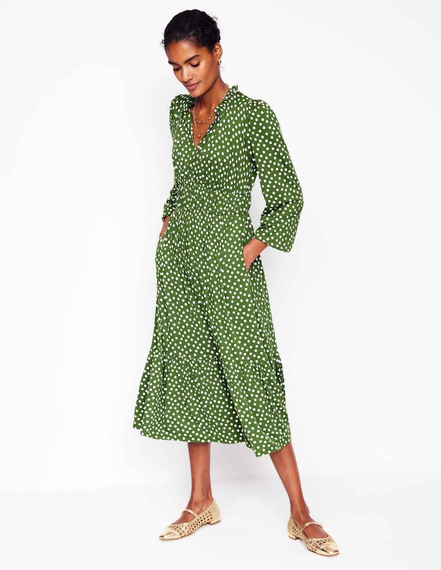 Robe midi style 40s Rosamund en jersey-Vert paradis, pois abstraits