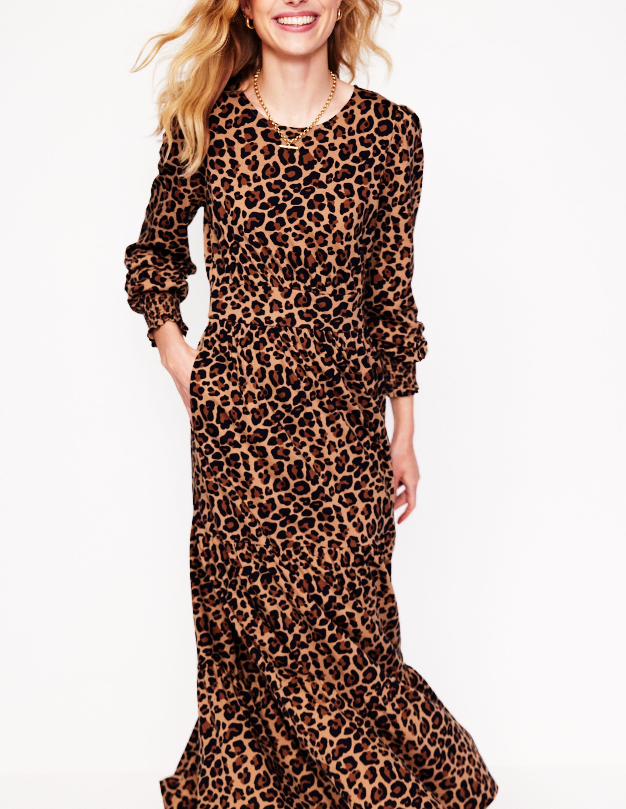 Tabitha Gestuftes Jerseykleid-Kamel und Schwarz, Gepard-Pop - Image 2