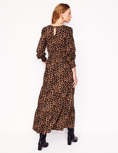 Robe Tabitha volantée en jersey-Camel et noir, motif Cheetah Pop