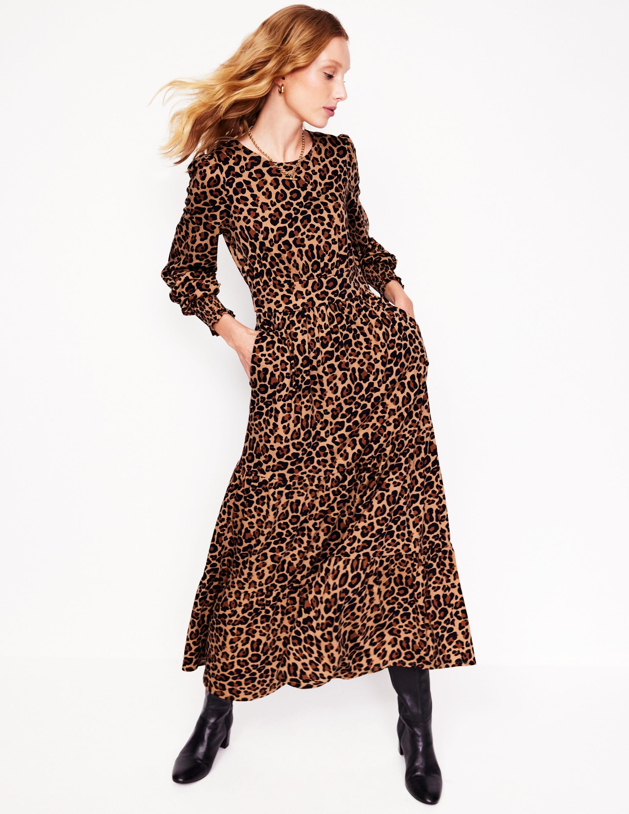 Tabitha Gestuftes Jerseykleid-Kamel und Schwarz, Gepard-Pop - Image 4
