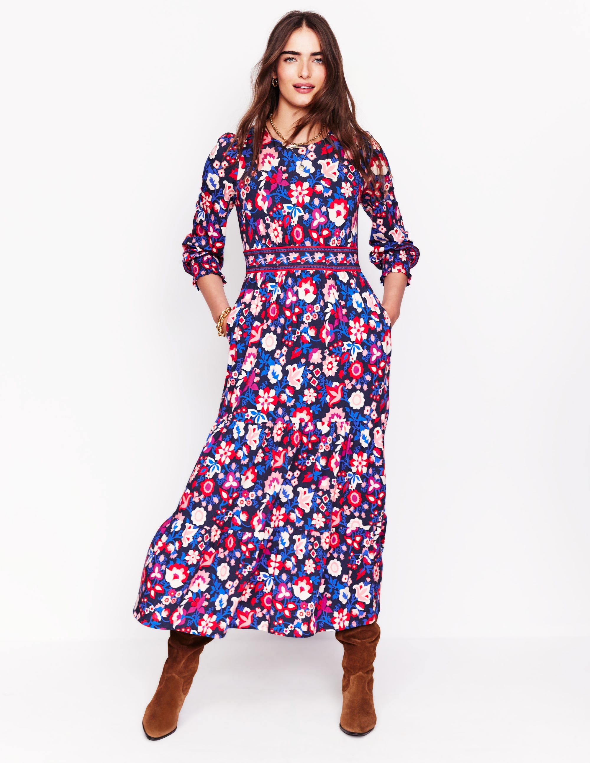 Robe Tabitha volantée en jersey-Bleu marine universitaire, motif Garden Vine - Image 1