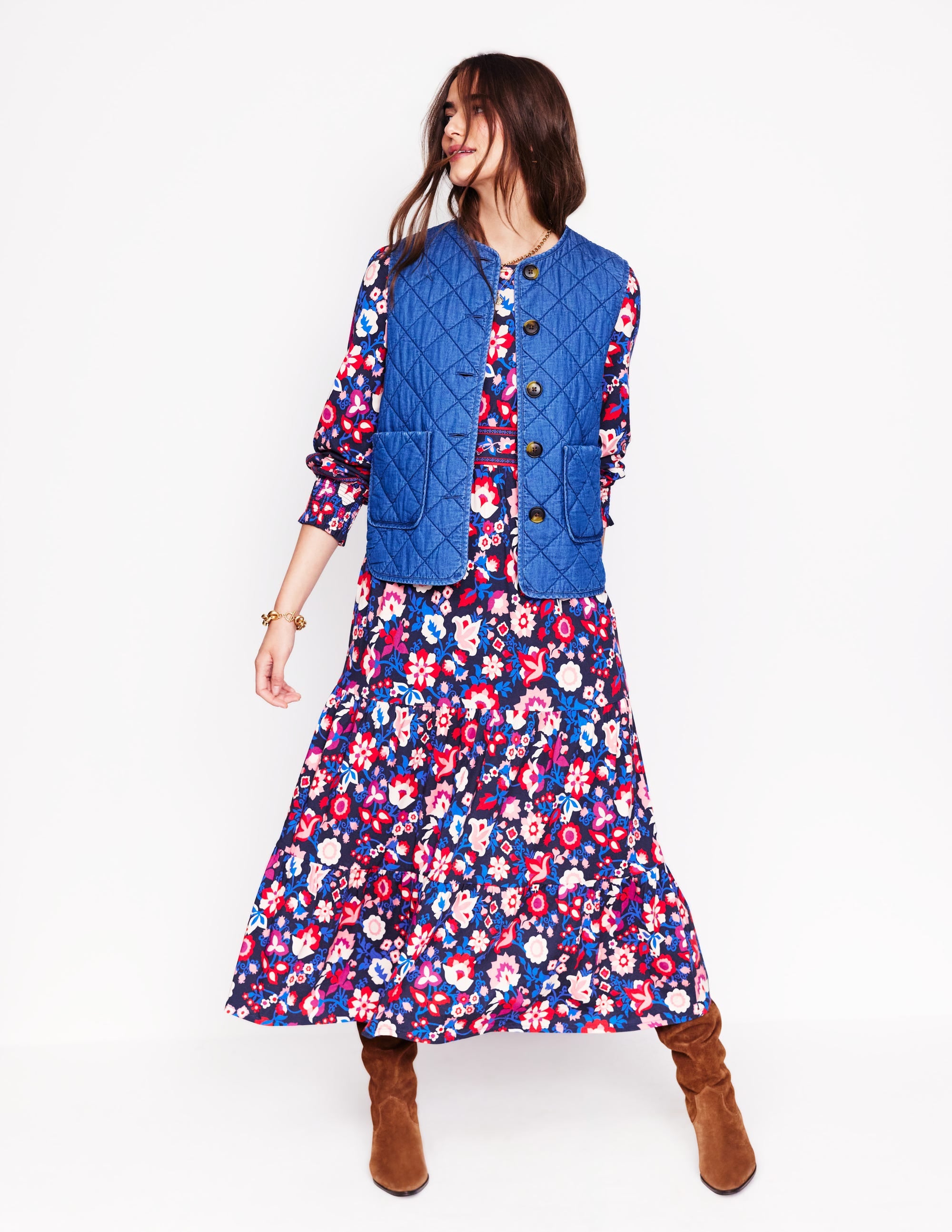 Robe Tabitha volantée en jersey-Bleu marine universitaire, motif Garden Vine - Image 5