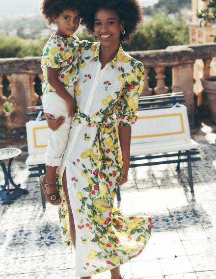 Robe-chemise Clara en lin mélangé-Ivoire, cerises et citrons