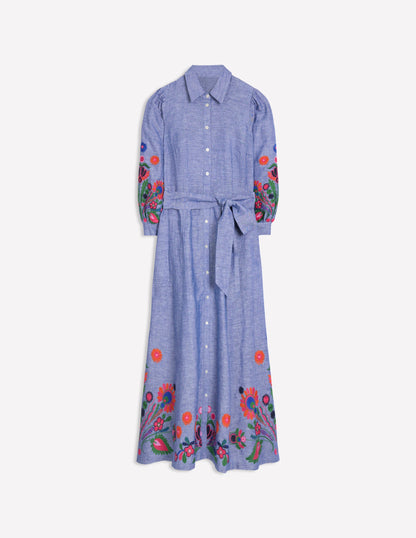 Robe-chemise Clara en lin mélangé-Chambray bleu, brodé