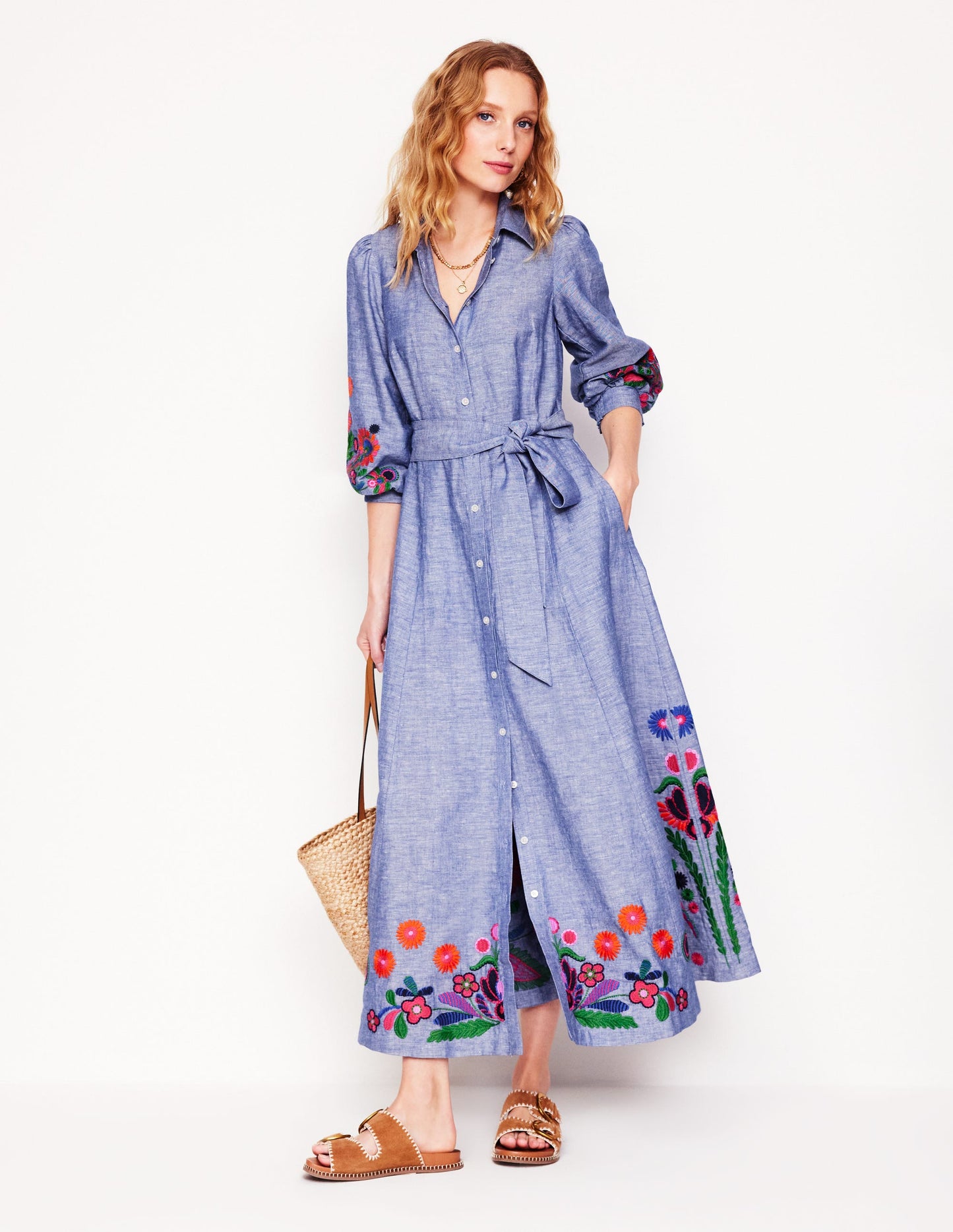 Robe-chemise Clara en lin mélangé-Chambray bleu, brodé