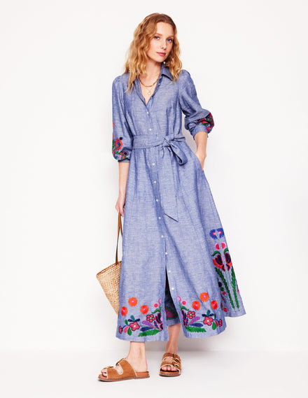 Robe-chemise Clara en lin mélangé-Chambray bleu, brodé