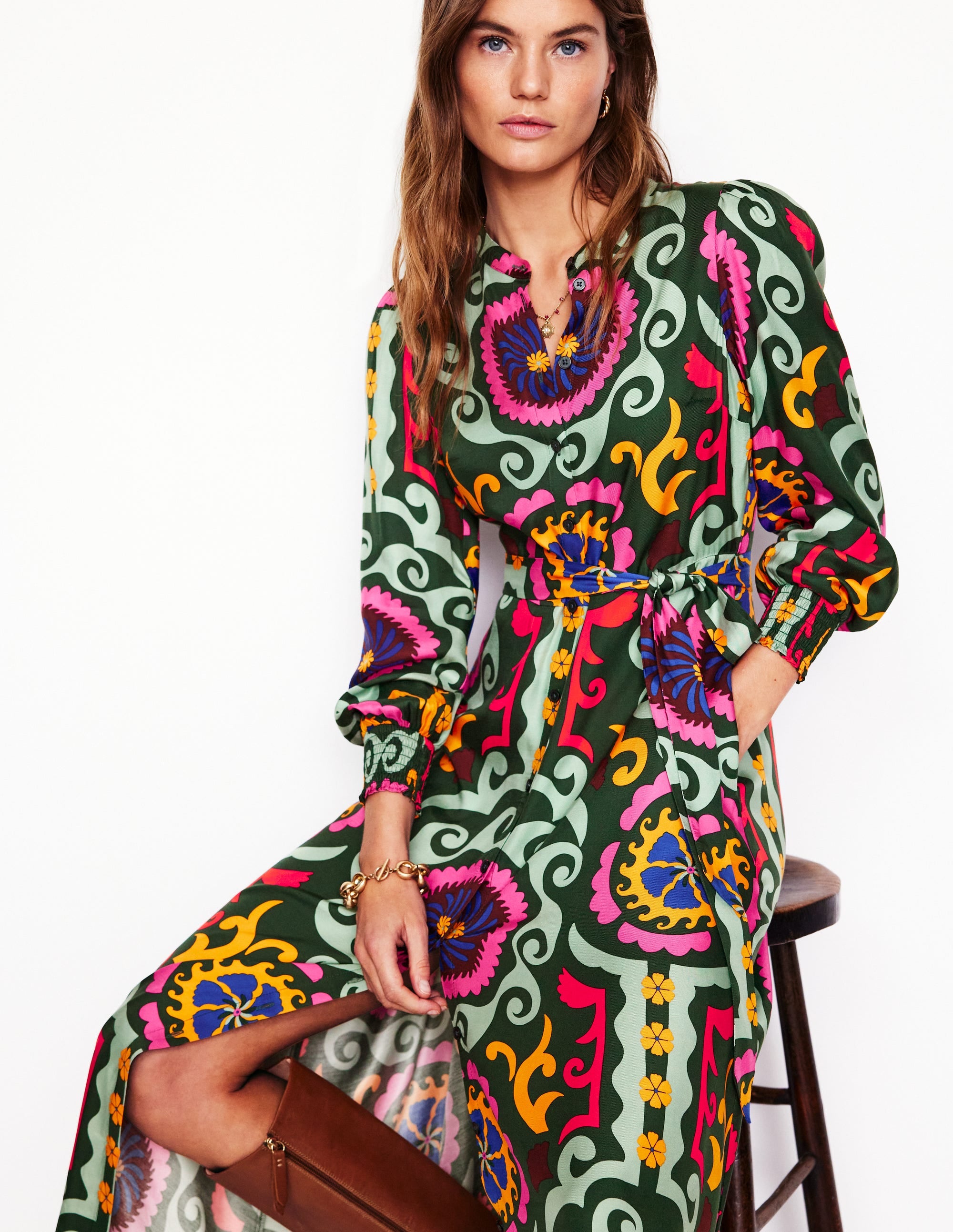 Robe-chemise Ruby sans col-Vert, motif Ornamental Wave - Image 1