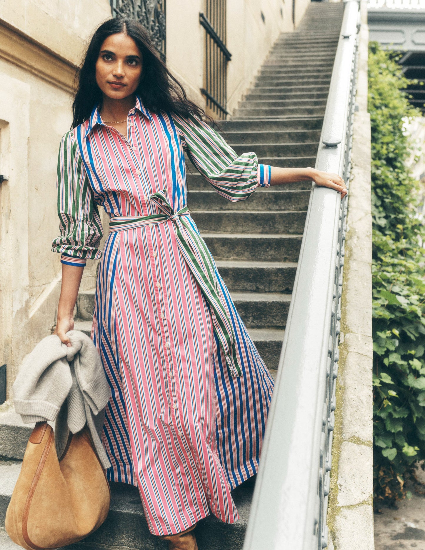 Clara Cotton Shirt Dress-Pink Rose, Red Stripe