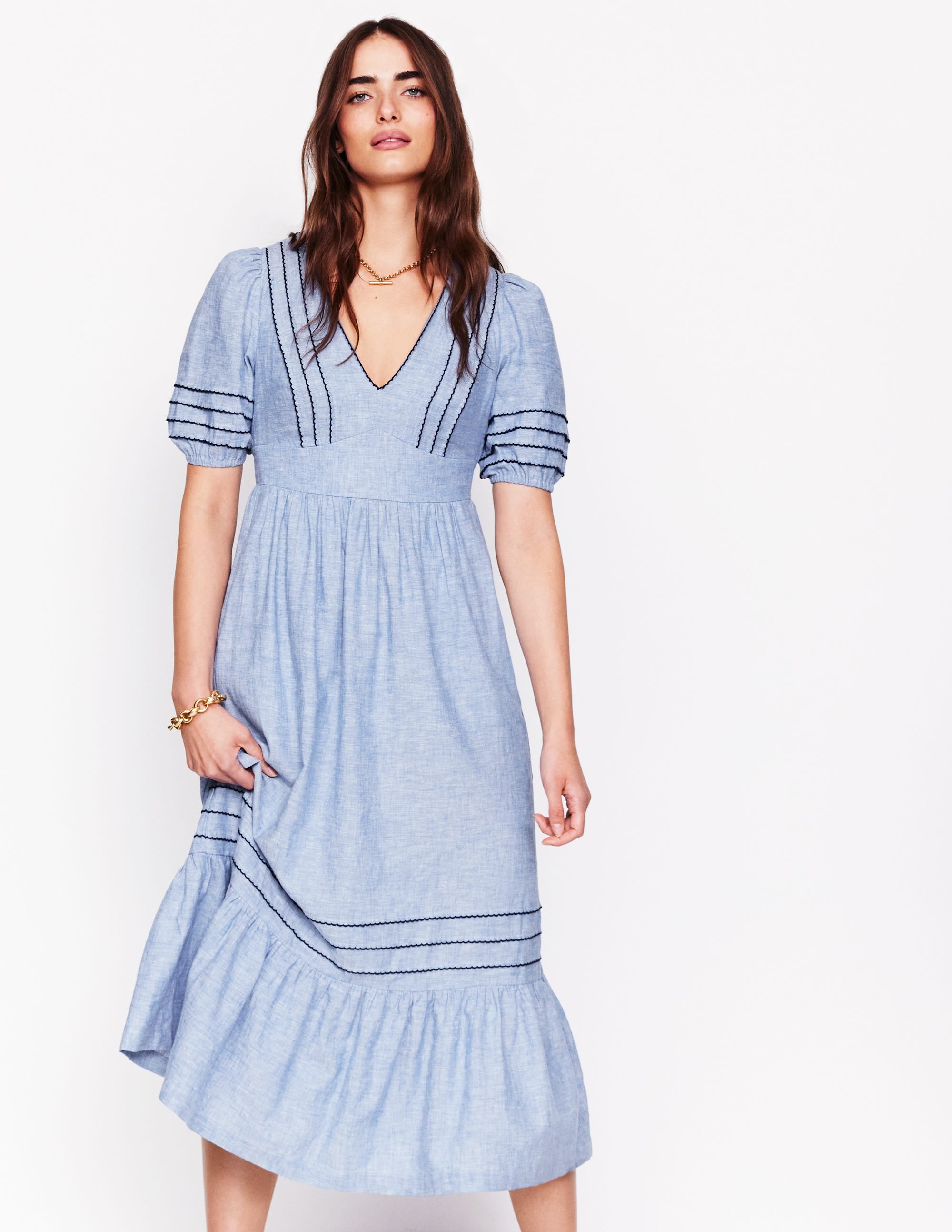 Leinenkleid mit gesmokter Taille-Graublau Chambray - Image 1