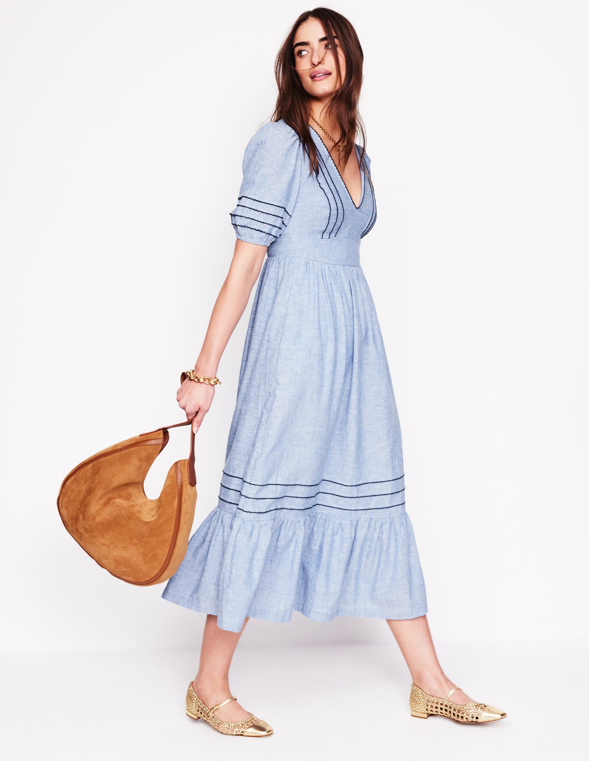 Leinenkleid mit gesmokter Taille-Graublau Chambray - Image 4