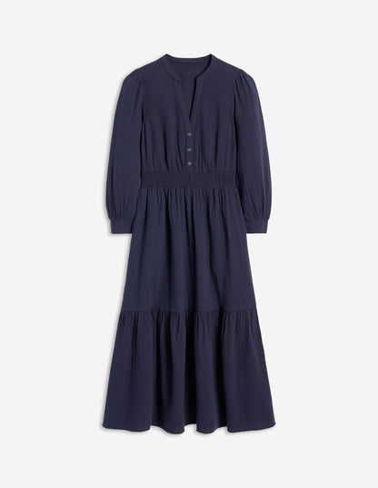 Robe midi Elena double-étoffe-Bleu Marine, Petits Pois