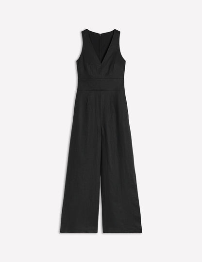 Leinen-Jumpsuit mit V-Ausschnitt-Schwarz