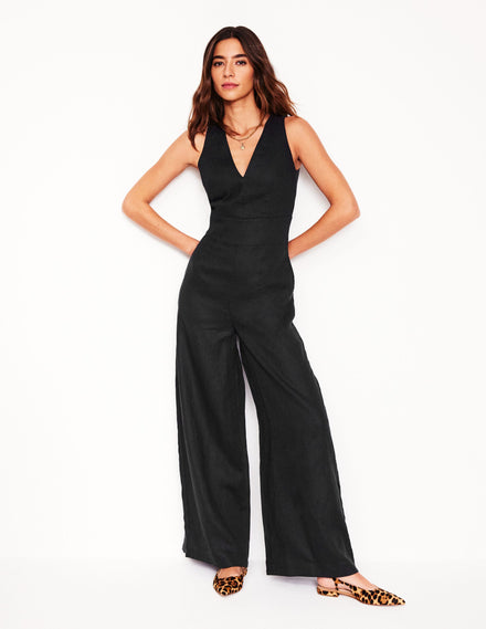 Leinen-Jumpsuit mit V-Ausschnitt-Schwarz