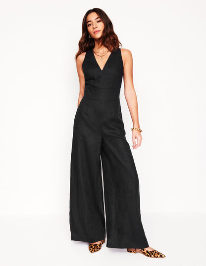 Leinen-Jumpsuit mit V-Ausschnitt-Schwarz