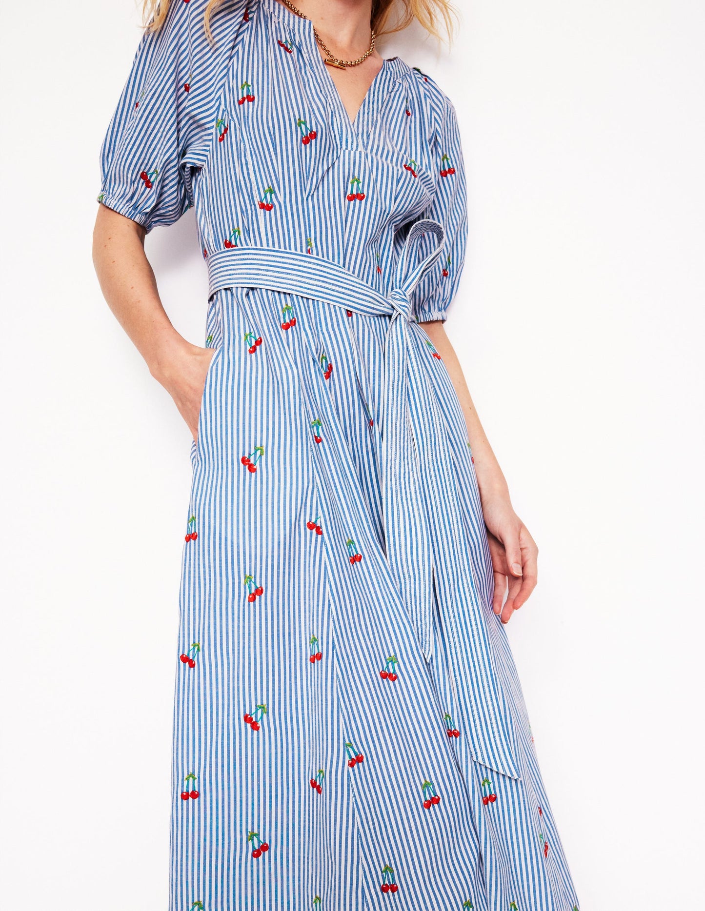 Robe midi brodée en coton-Cerises brodées