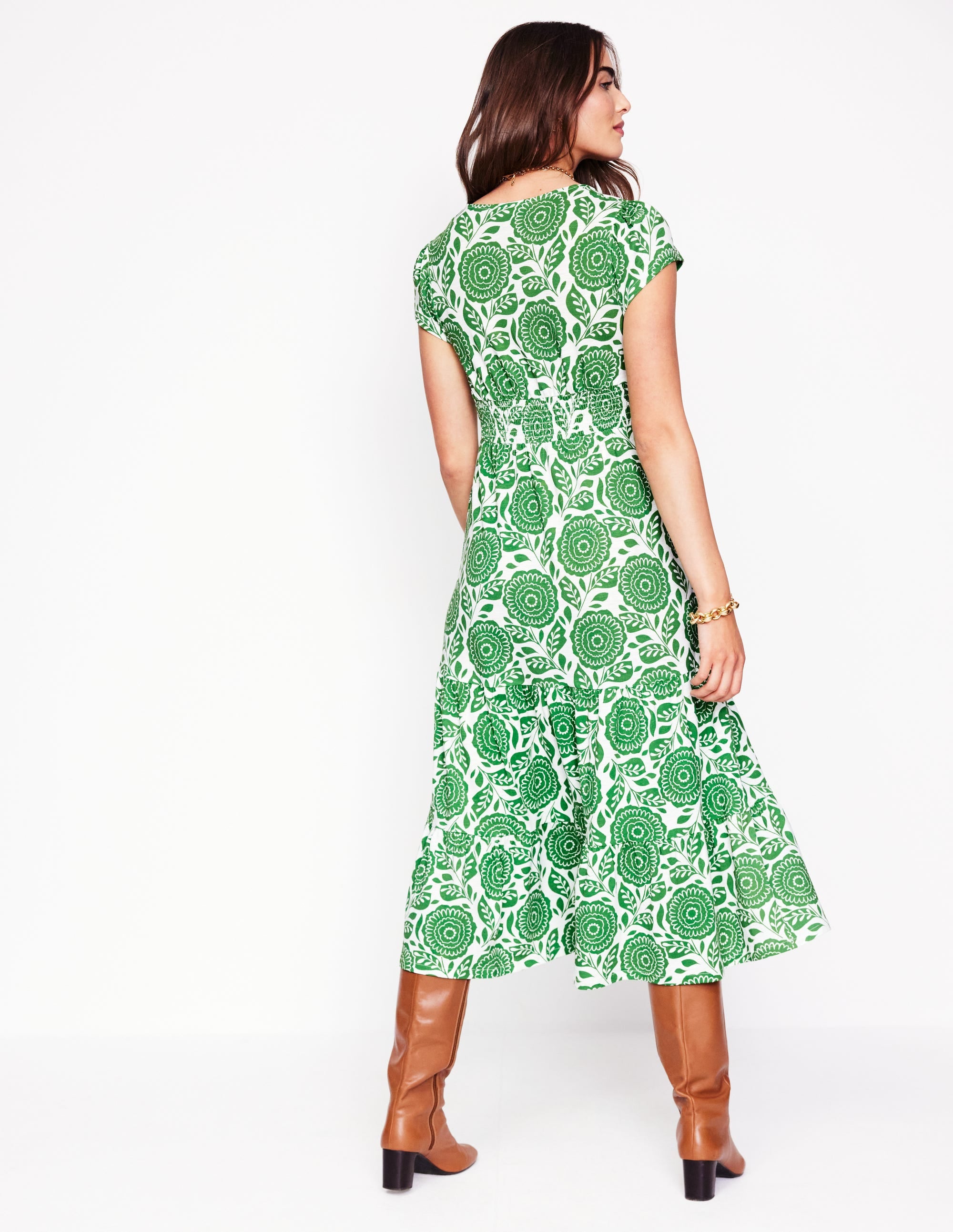 Eloise Gestuftes Jerseykleid-Paradiesgrün, Dahlienstempel - Image 3