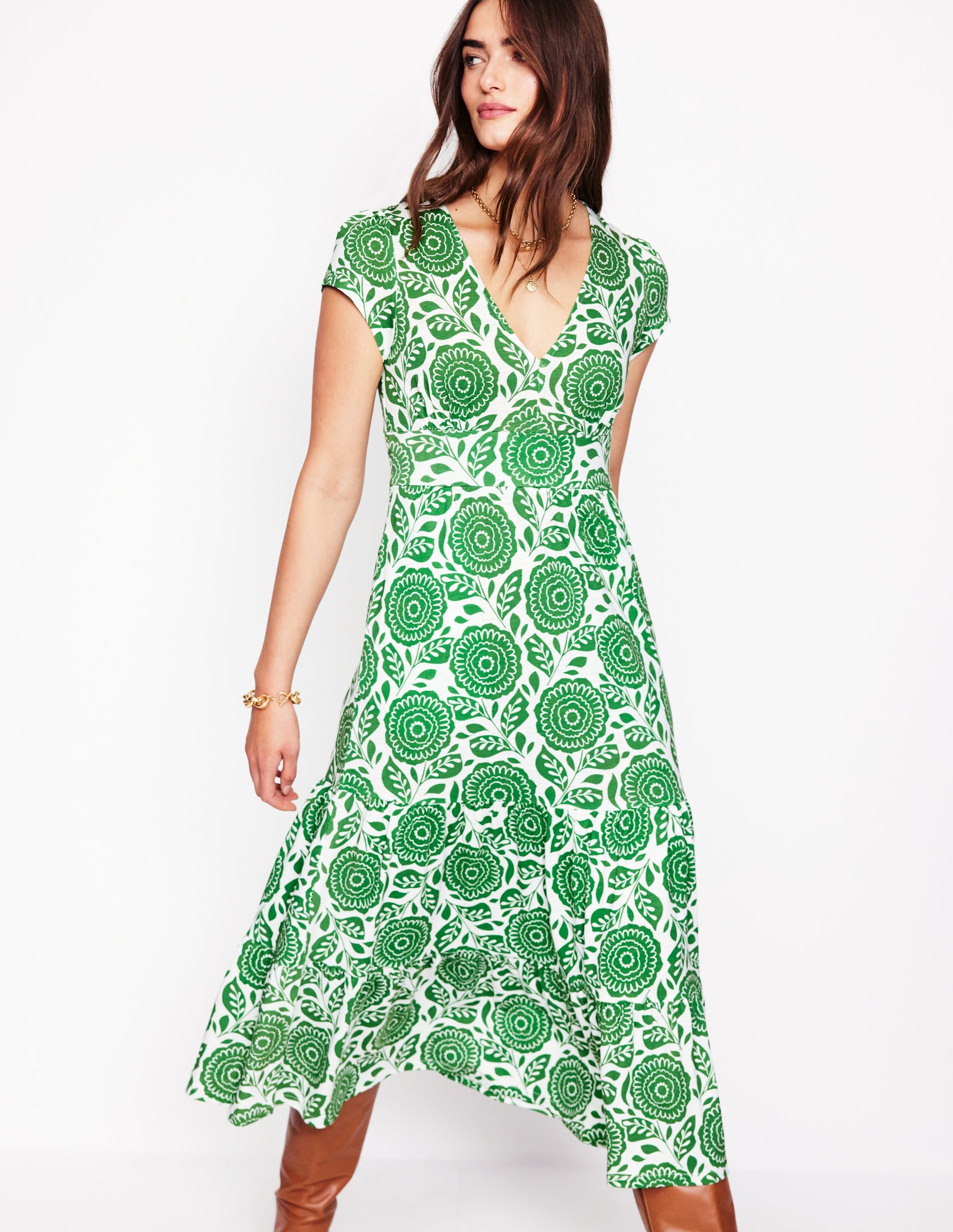 Eloise Gestuftes Jerseykleid-Paradiesgrün, Dahlienstempel - Image 4