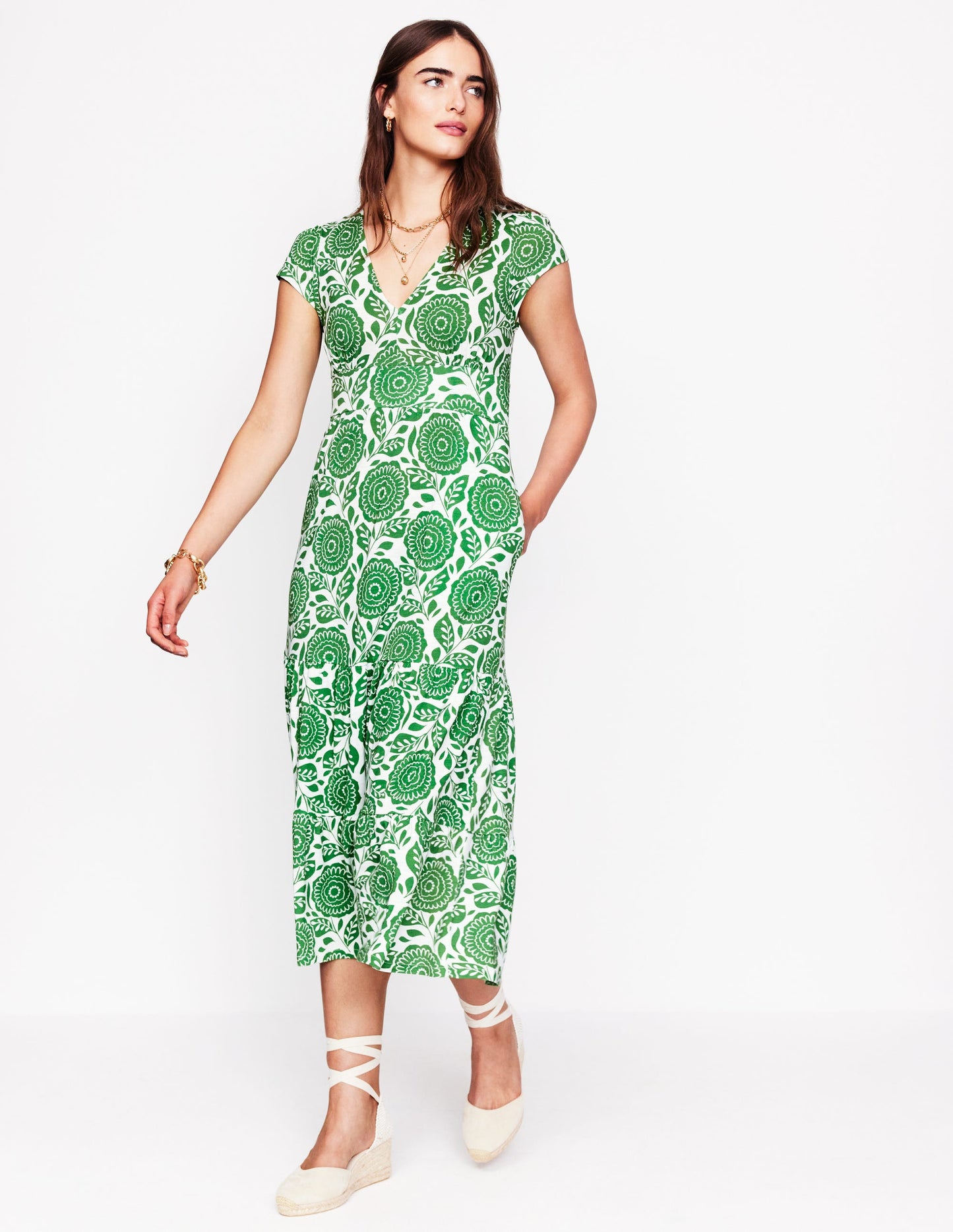 Eloise Tiered Jersey Dress-Iguana Green, Dahlia Stamp