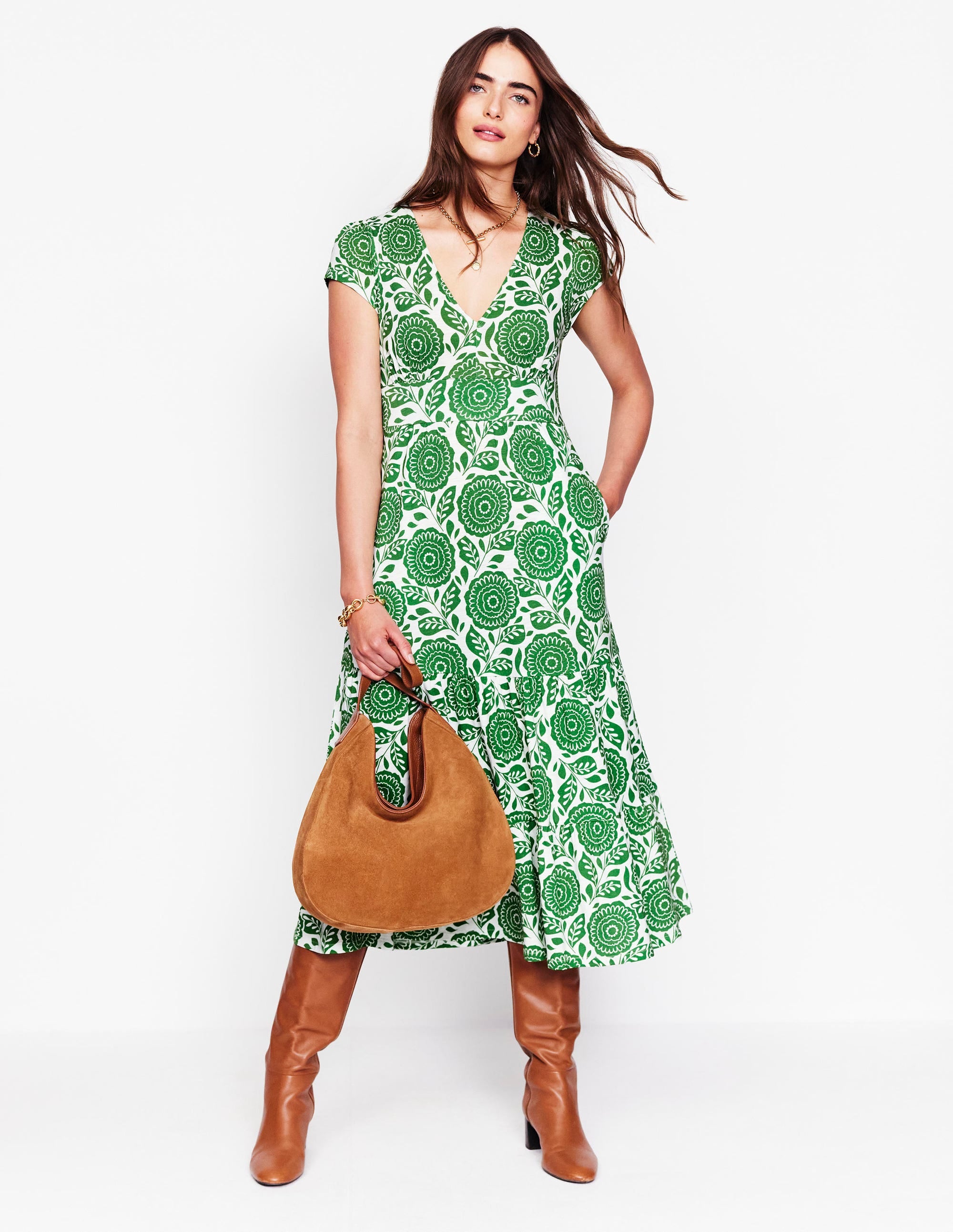 Eloise Gestuftes Jerseykleid-Paradiesgrün, Dahlienstempel - Image 5