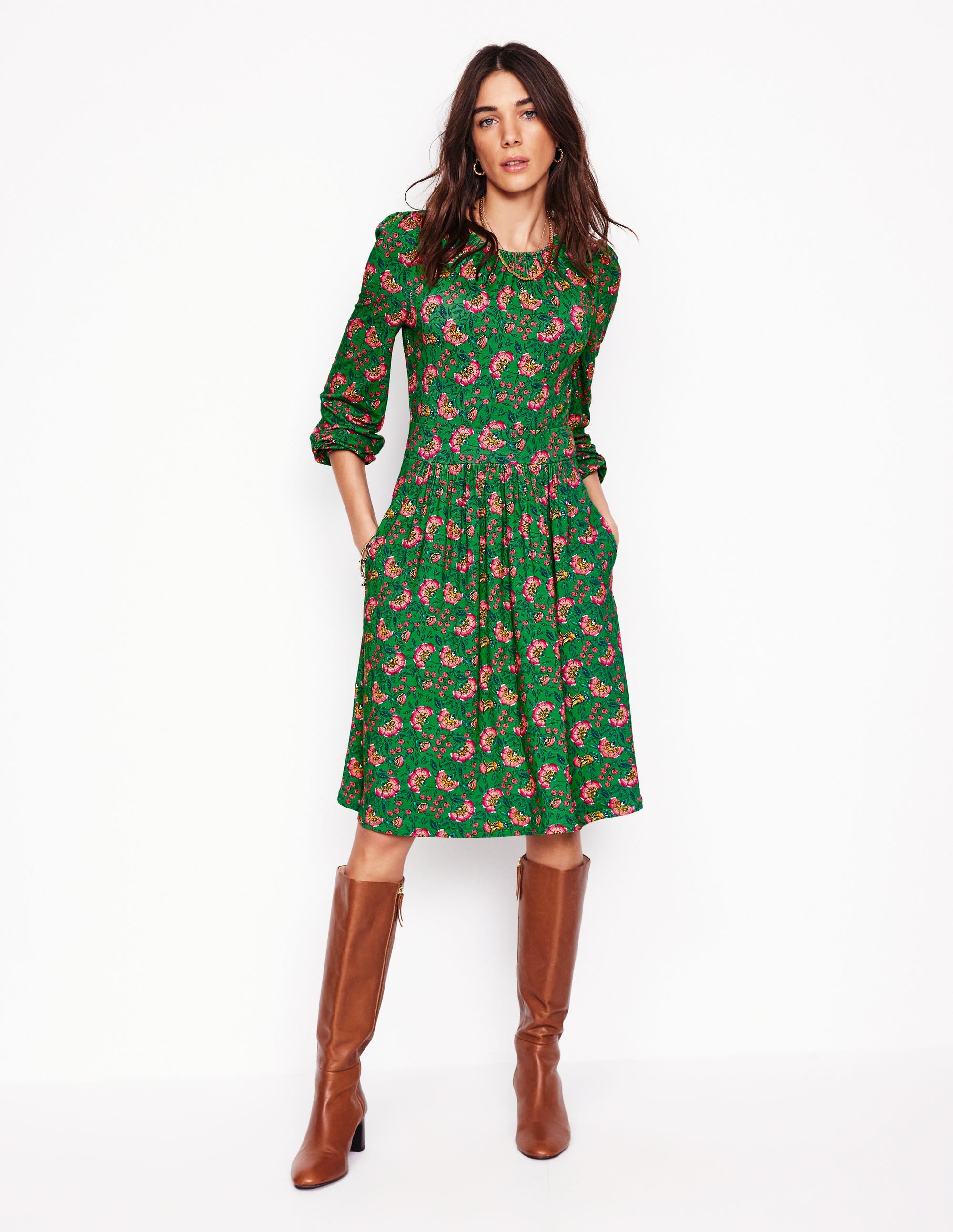Robe Alexandra à manches blousantes en jersey-Vert paradis, motif Vine - Image 4