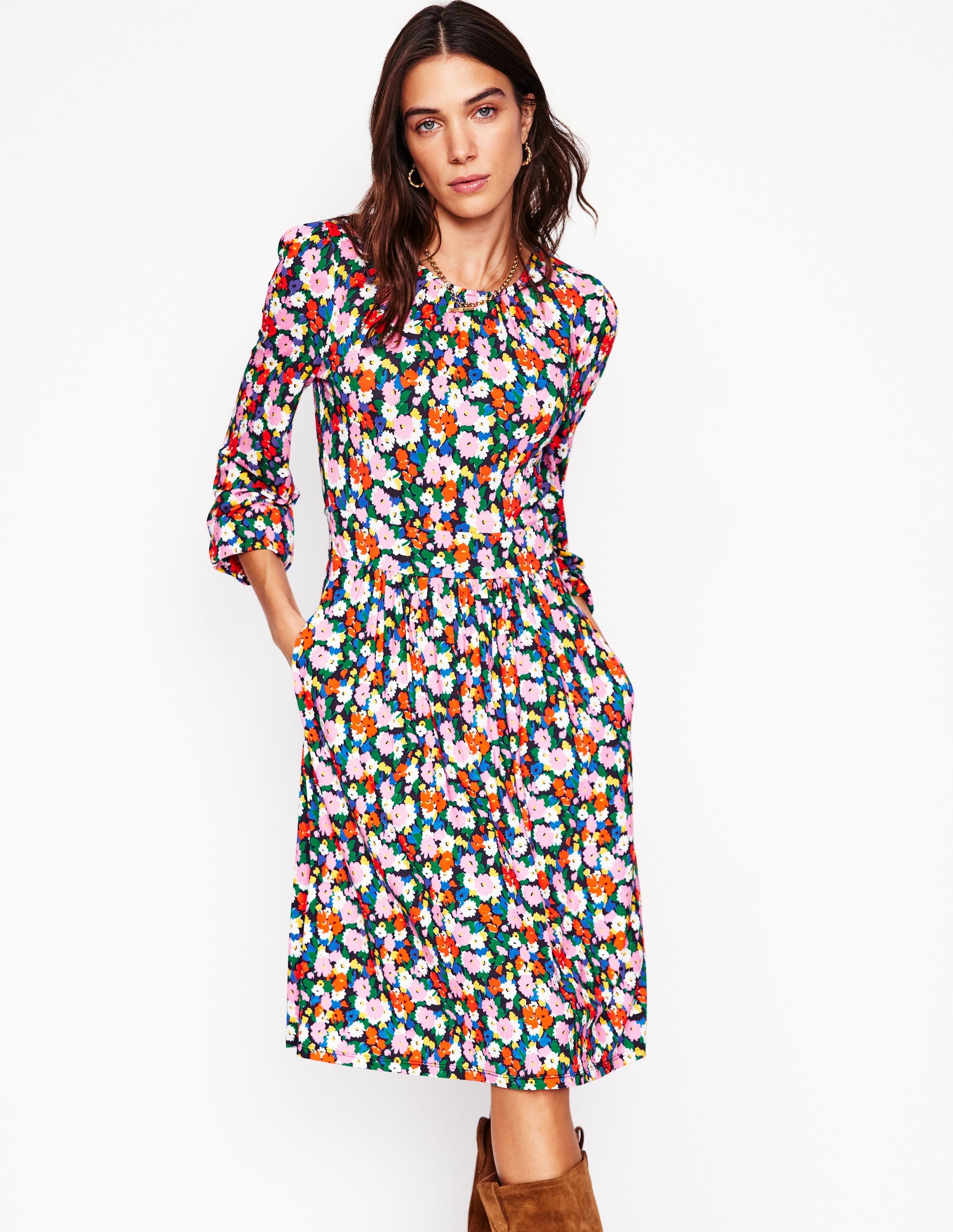 Robe Alexandra à manches blousantes en jersey-Multi, motif Painterly Meadow - Image 1