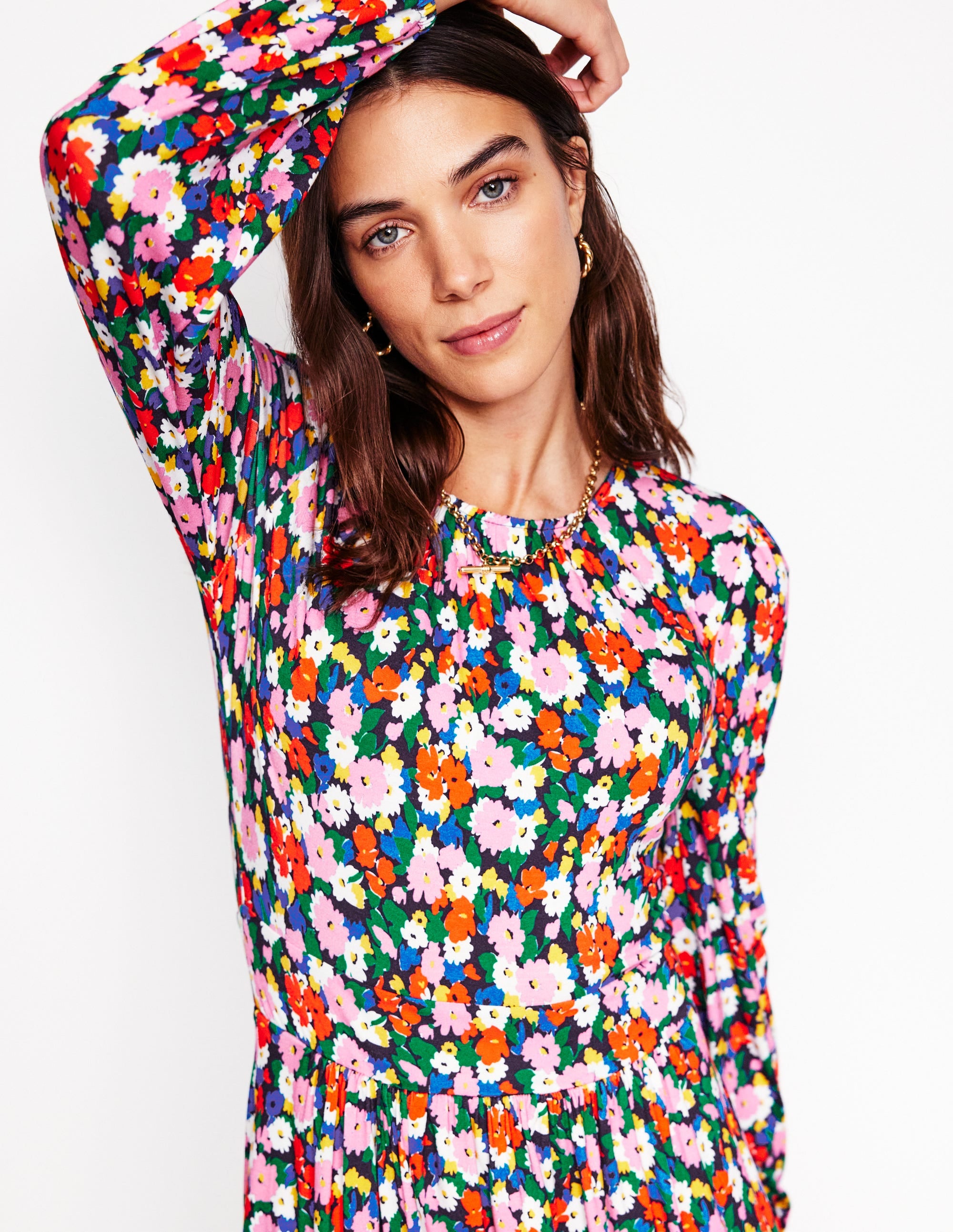 Robe Alexandra à manches blousantes en jersey-Multi, motif Painterly Meadow - Image 3