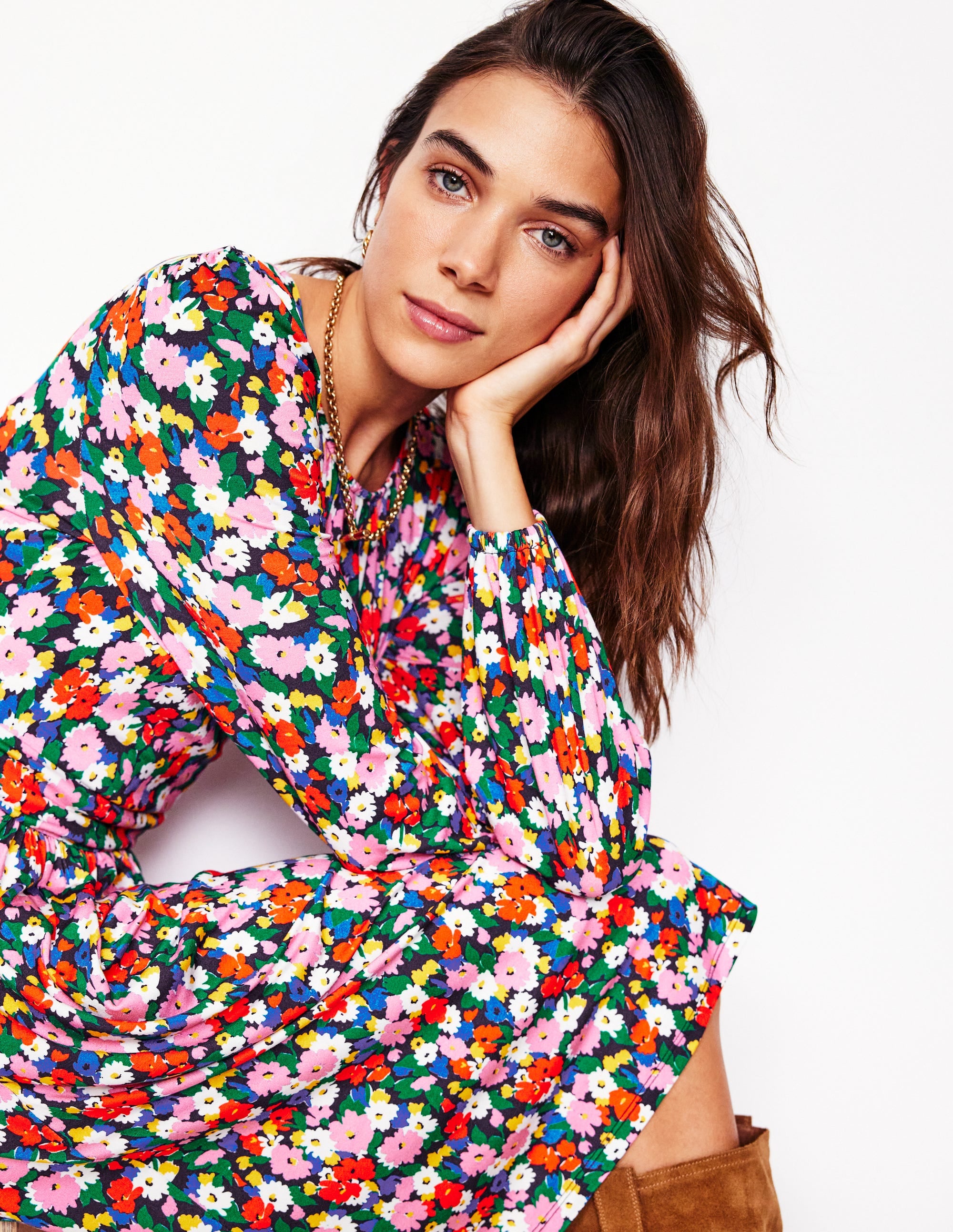 Robe Alexandra à manches blousantes en jersey-Multi, motif Painterly Meadow - Image 4