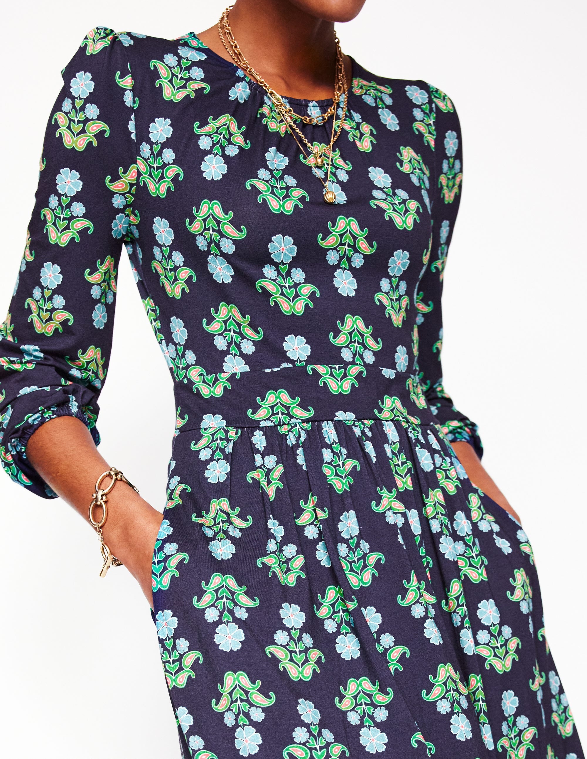 Alexandra Blouson-Jerseykleid-Französisches Marineblau, Stiefmütterchen-Stempel - Image 2