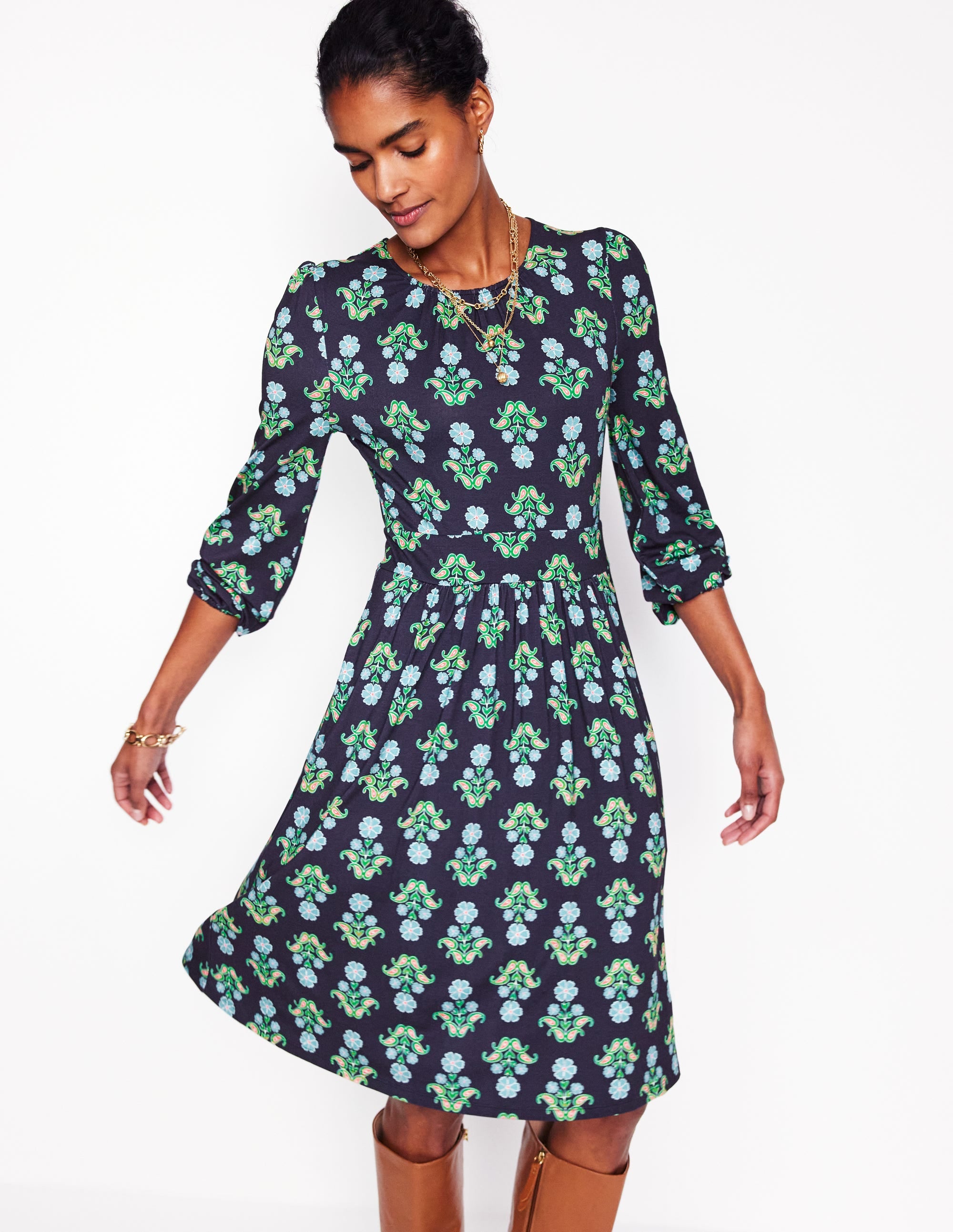 Alexandra Blouson-Jerseykleid-Französisches Marineblau, Stiefmütterchen-Stempel - Image 3