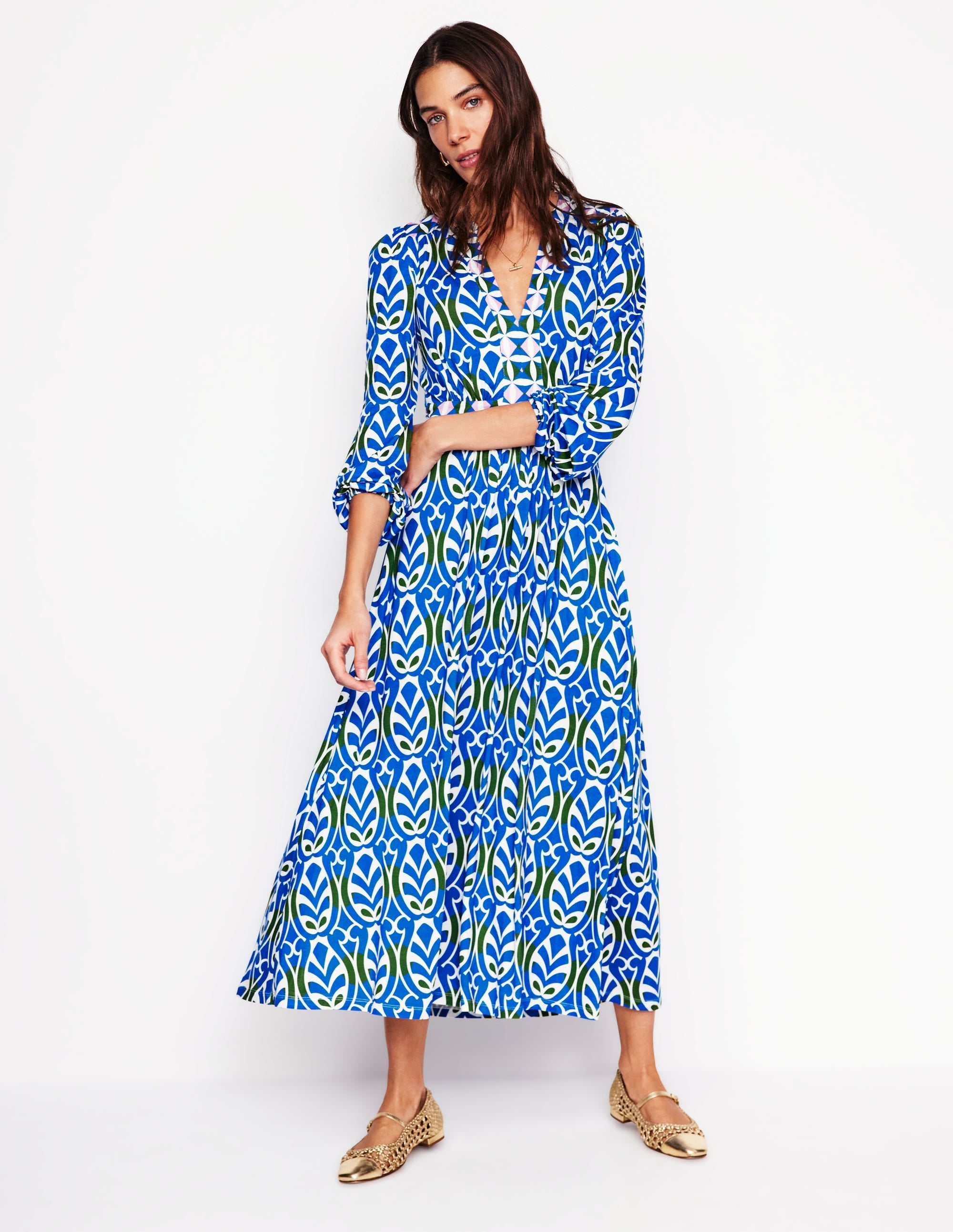 Robe midi Lily à manches longues-Bleu galerie, motif Leaf Terrace - Image 1