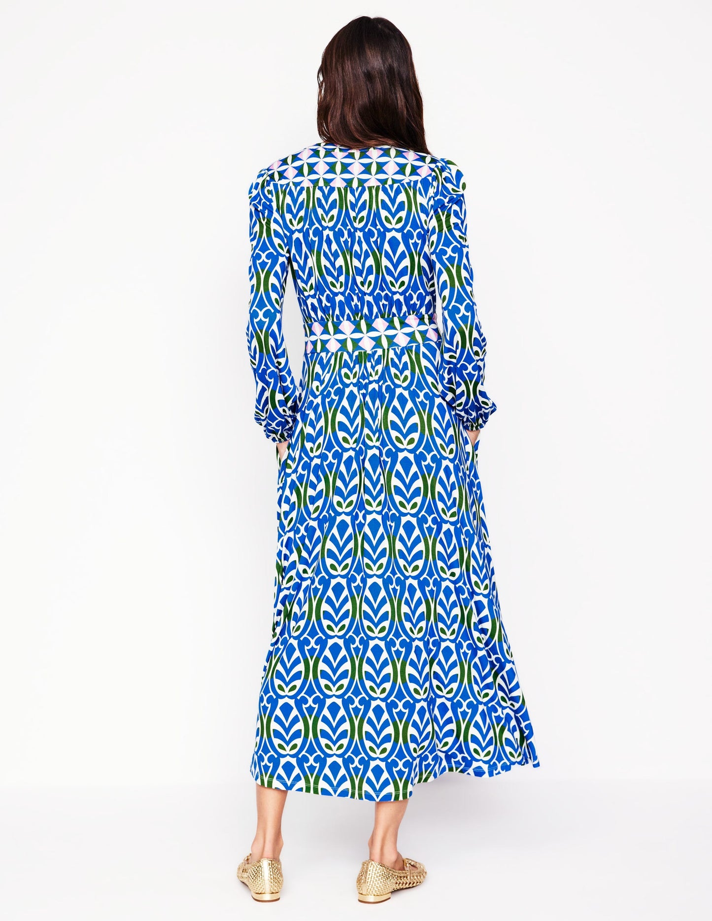 Robe midi Lily à manches longues-Bleu galerie, motif Leaf Terrace