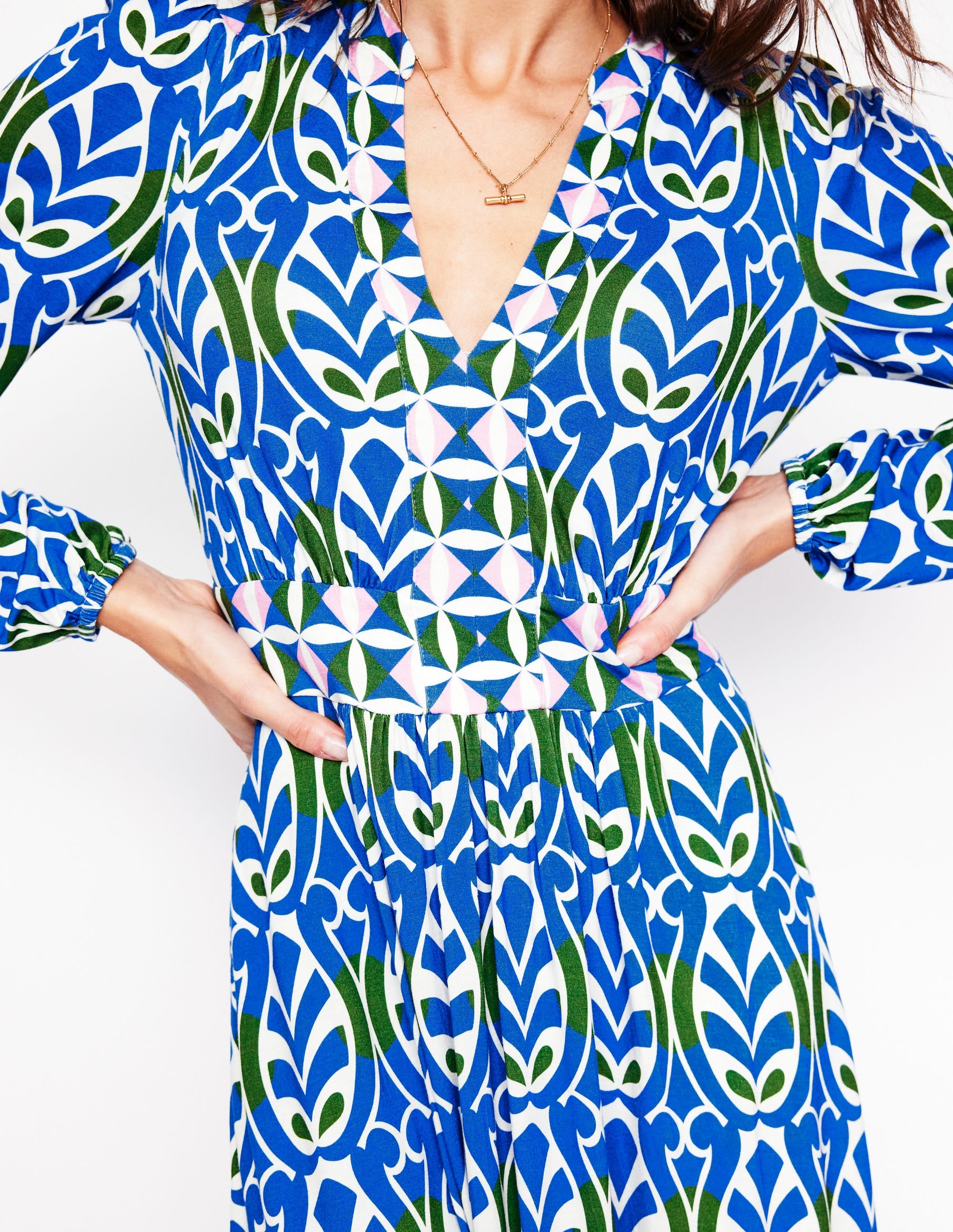 Robe midi Lily à manches longues-Bleu galerie, motif Leaf Terrace - Image 4