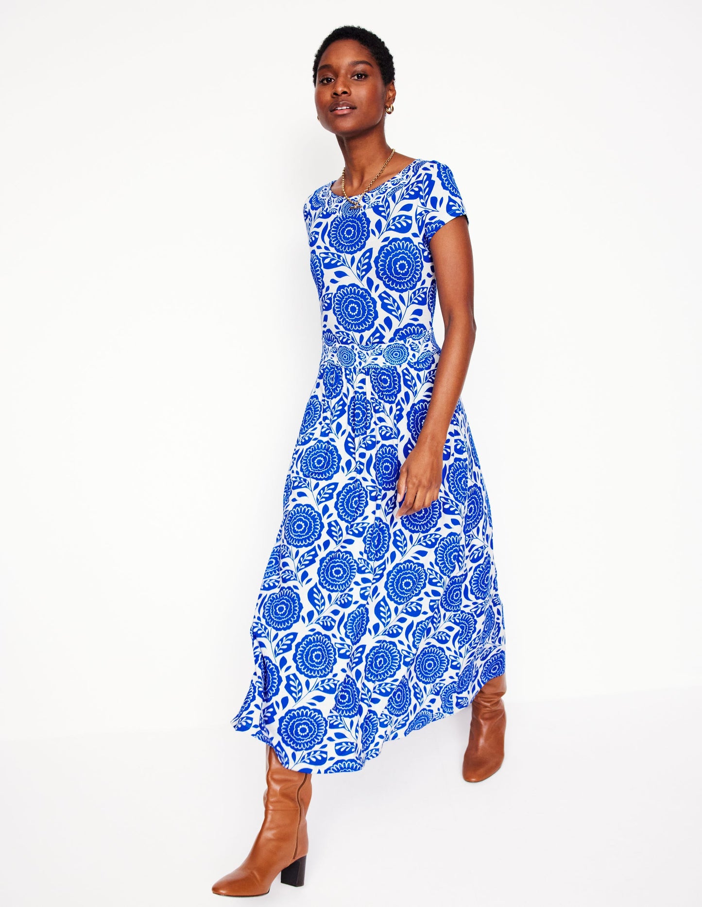 Robe midi Melanie en jersey-Bleu galerie, motif Dahlia Stamp