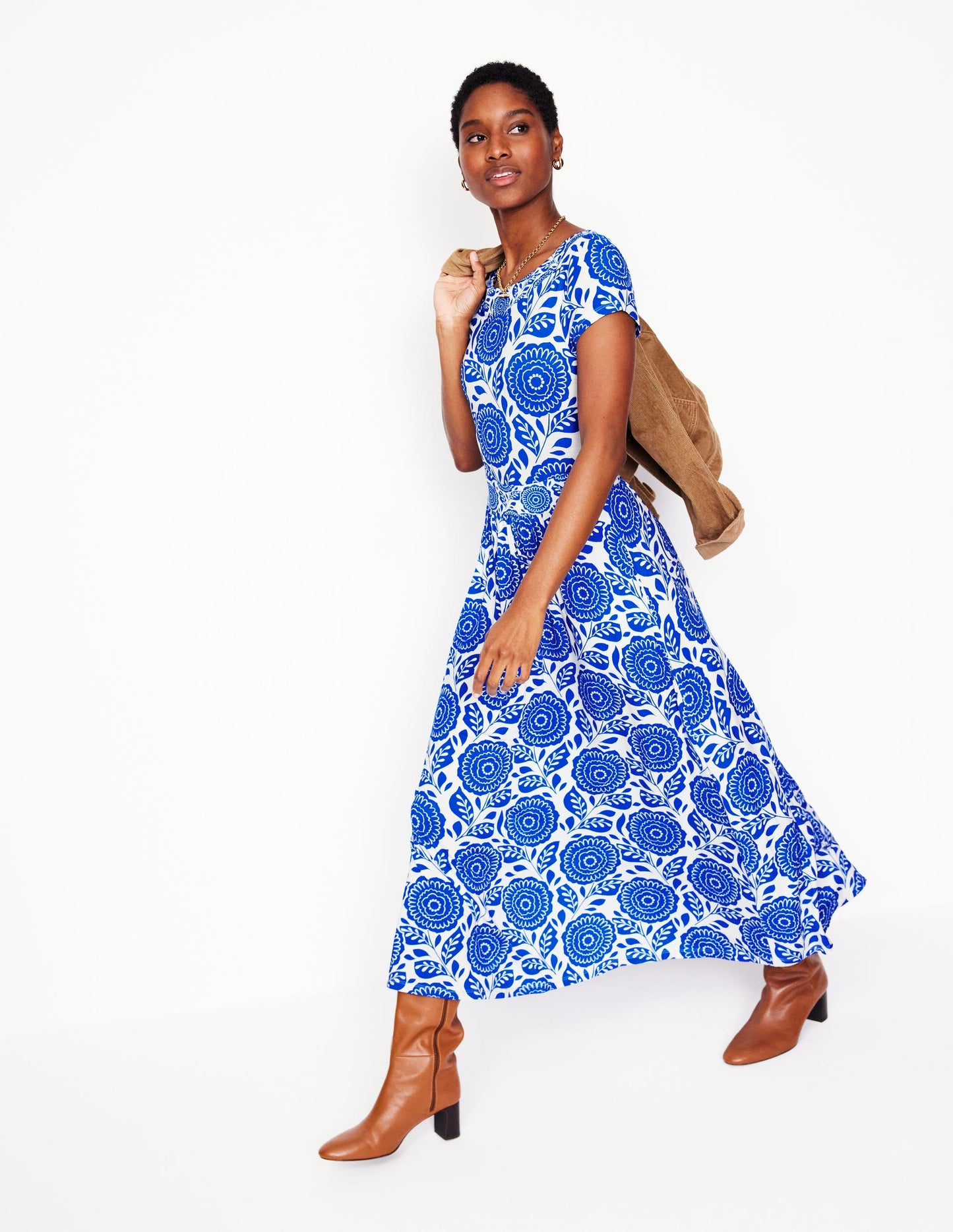 Robe midi Melanie en jersey-Bleu galerie, motif Dahlia Stamp