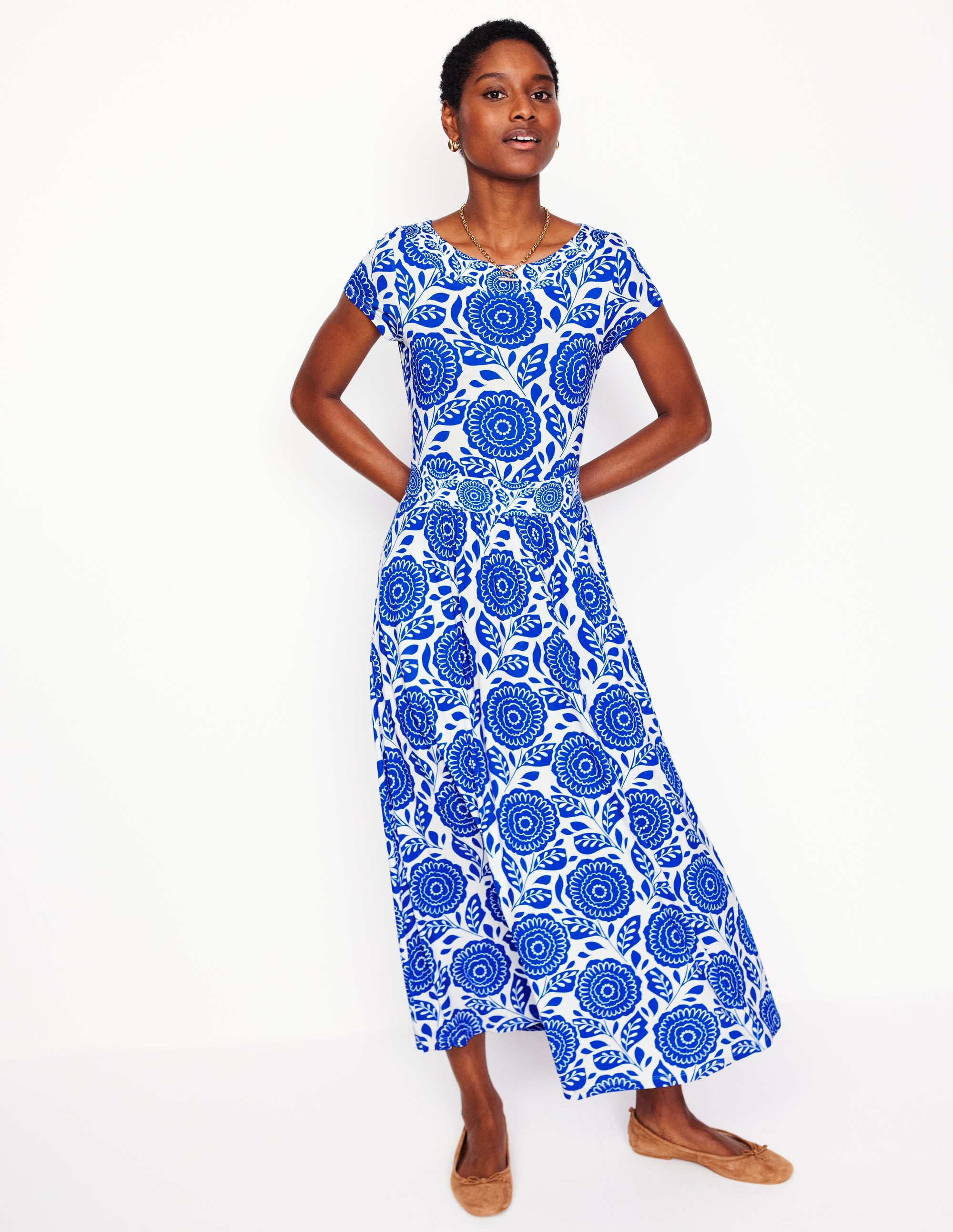 Melanie Jersey-Midikleid-Galerie-Blau, Dahlienstempel - Image 5