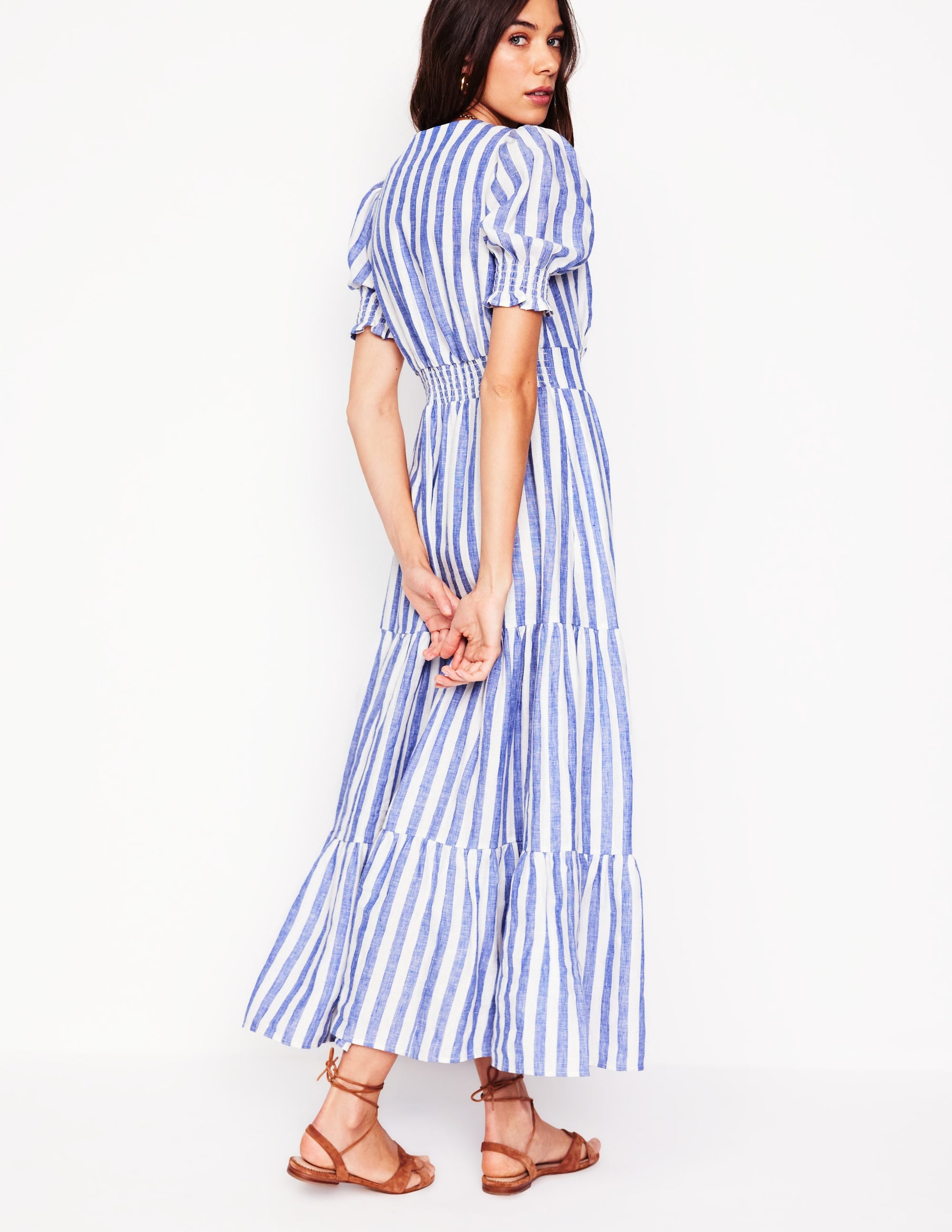 Robe mi-longue Anna en lin volantée-Rayé bleu connecté - Image 3