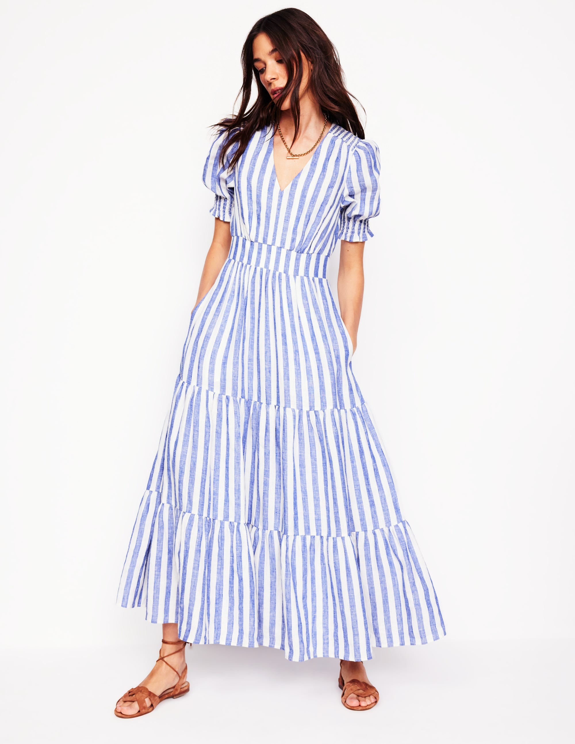 Robe mi-longue Anna en lin volantée-Rayé bleu connecté - Image 4