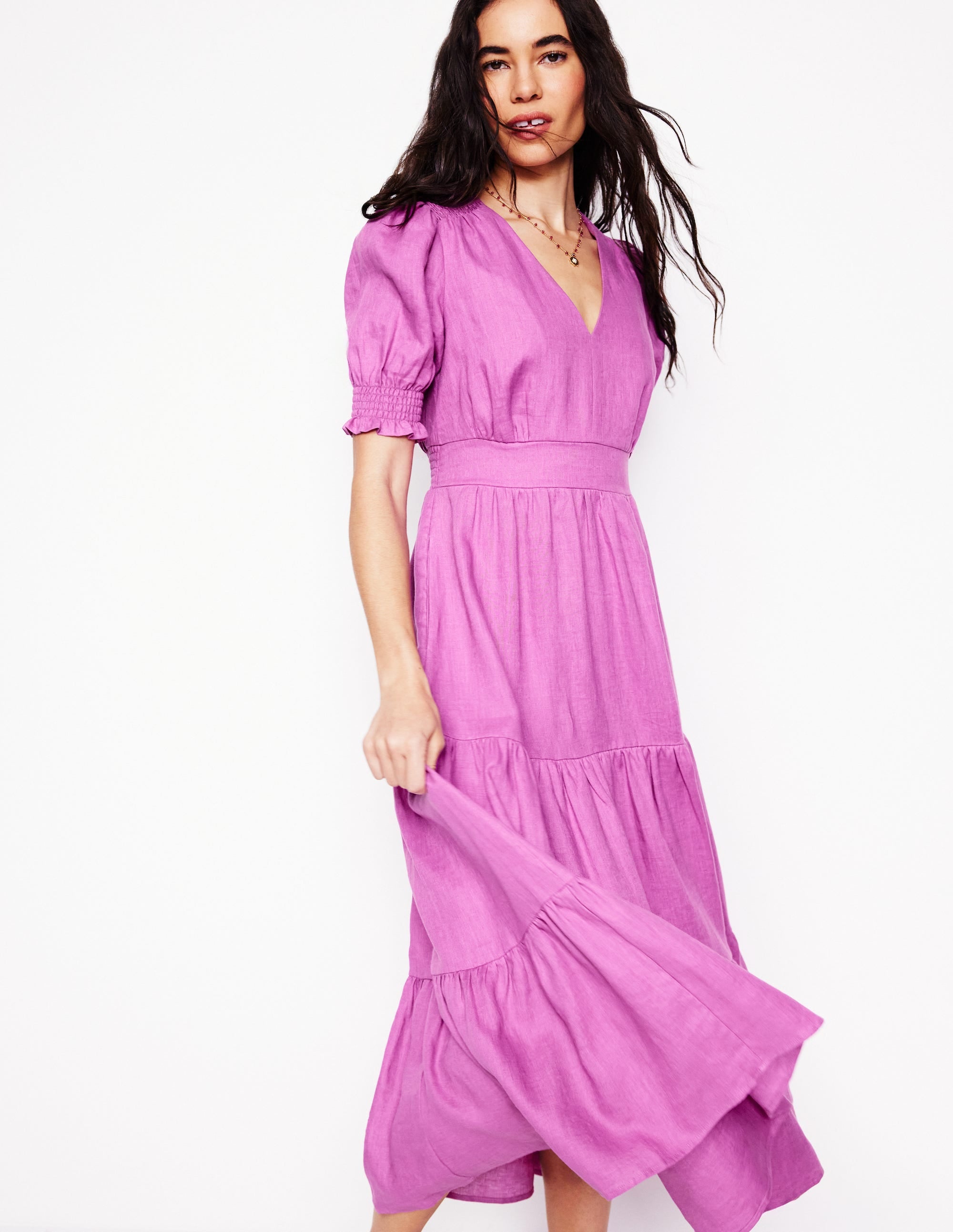 Anna Gestuftes Midikleid aus Leinen-Fingerhut-Lila - Image 1