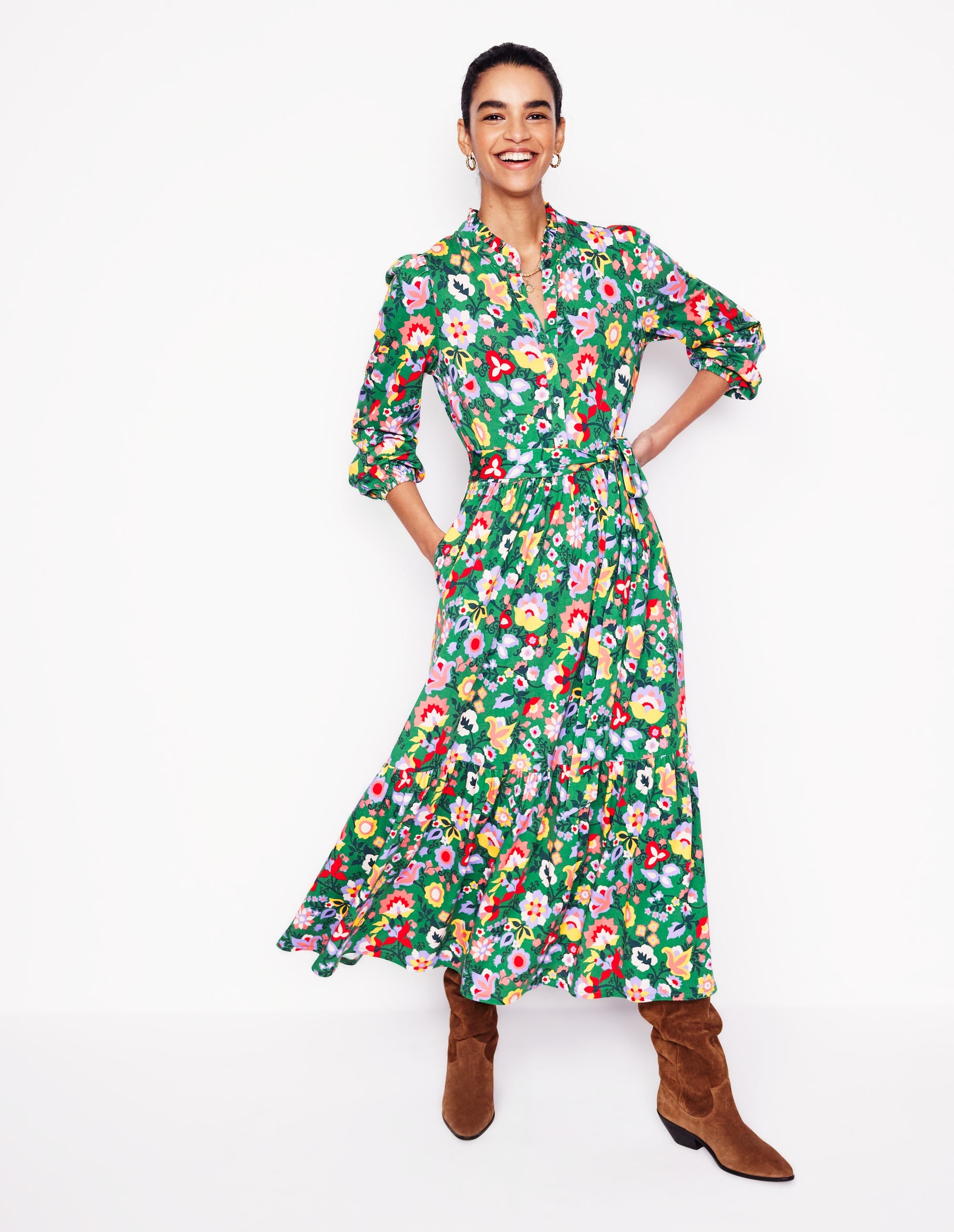 Robe Willow à volants en jersey-Vert pelouse, motif Flourishing Vine - Image 1