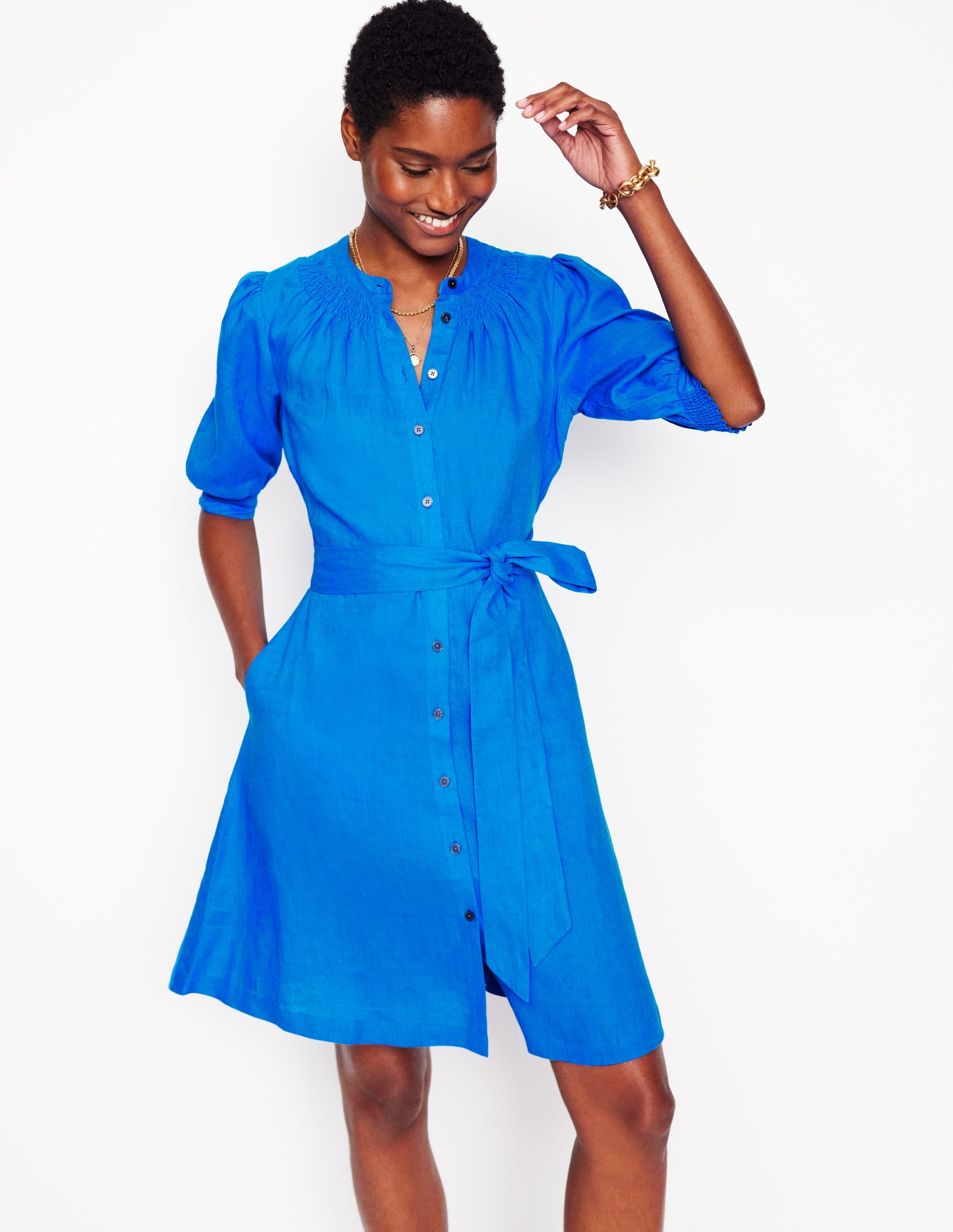 Ada Kurzes Leinenkleid-Himmelblau - Image 1