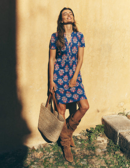 Naomi Short Sleeve Dress-Bright Blue, Wildflower Stamp