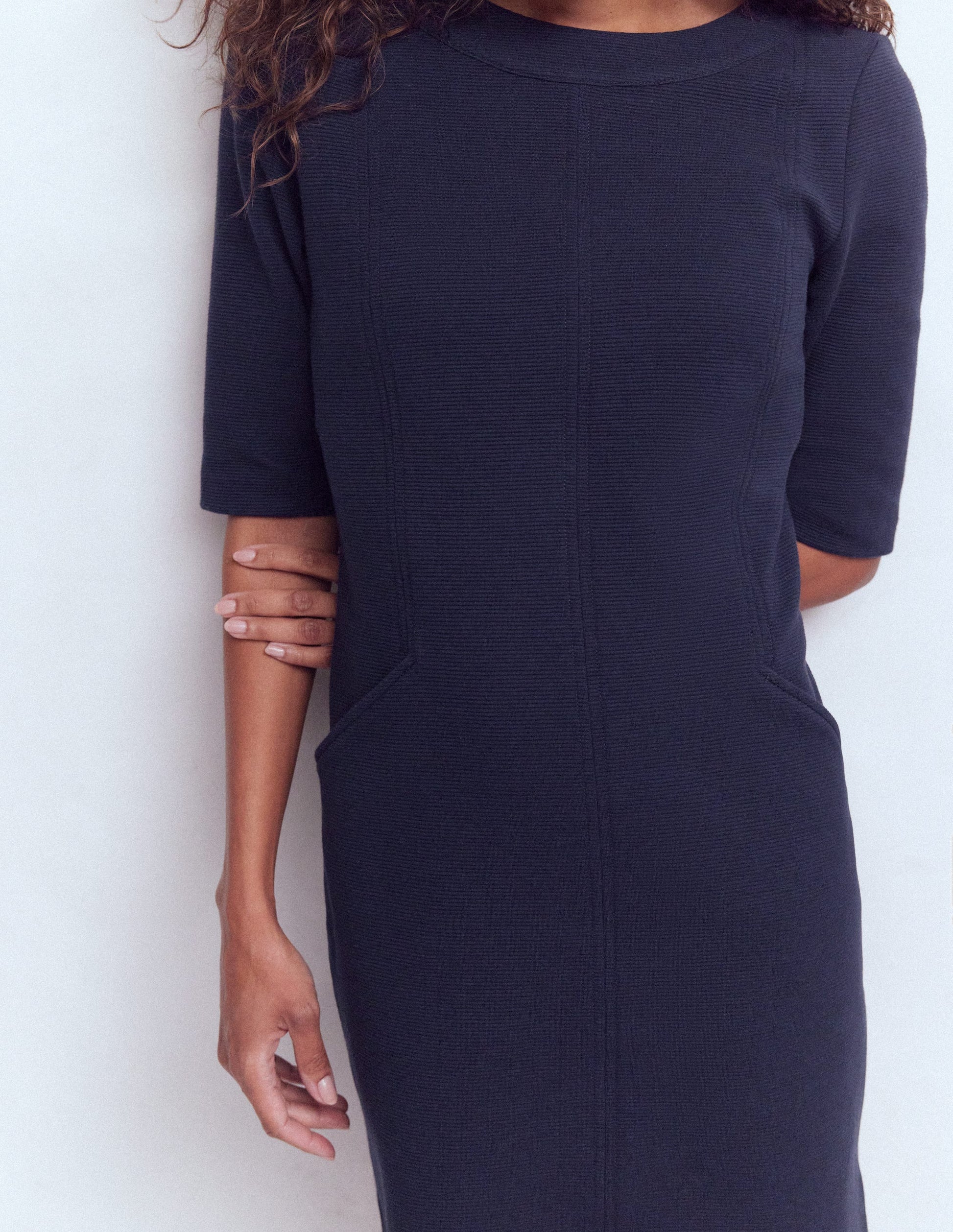 Neckband Ottoman Shift Dress-Navy-2