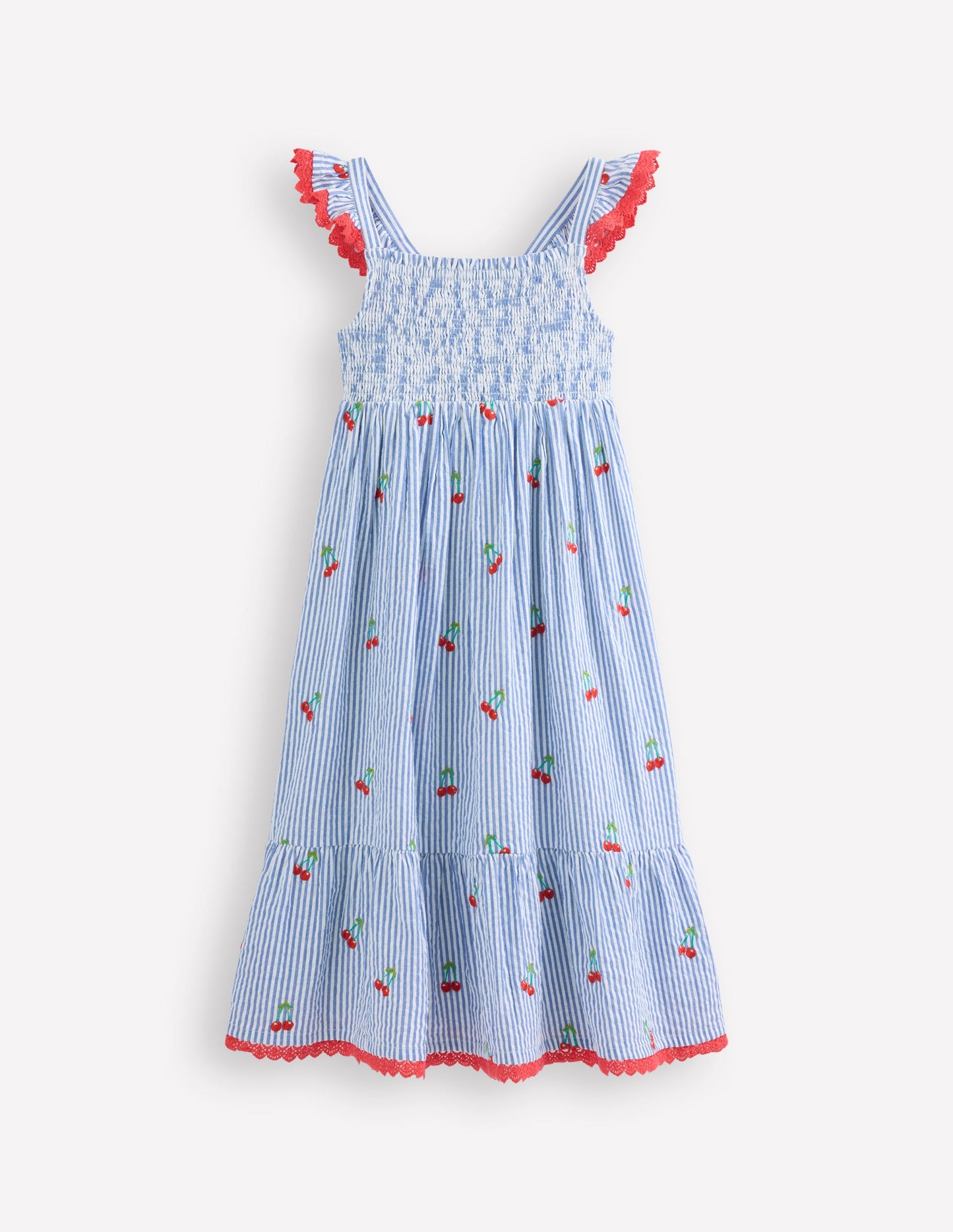 Robe d'été longue Luella volantée-Cerises bleu/blanc