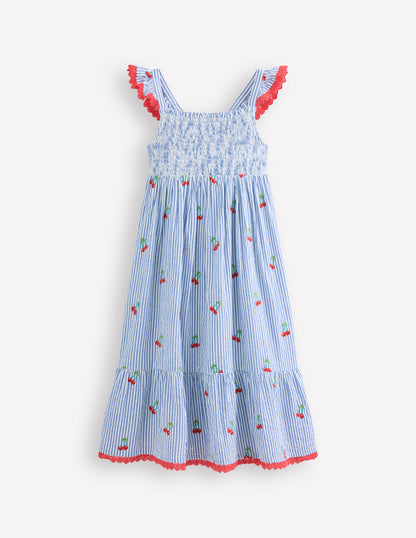 Robe d'été longue Luella volantée-Cerises bleu/blanc