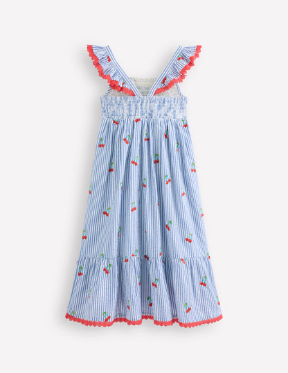 Robe d'été longue Luella volantée-Cerises bleu/blanc