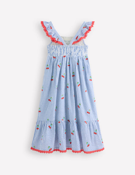 Luella Maxi-Sommerkleid mit Rüschen-Blau/Weiß Kirschen