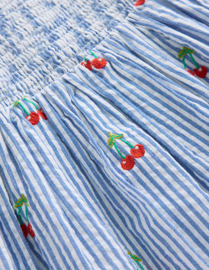 Robe d'été longue Luella volantée-Cerises bleu/blanc