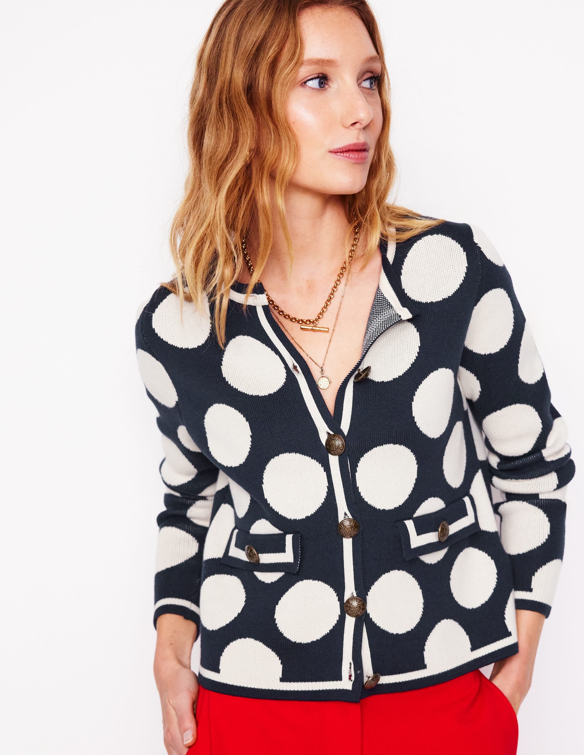 Holly Cardigan-Französisches Marineblau, Große Tupfen in Naturweiß - Image 1
