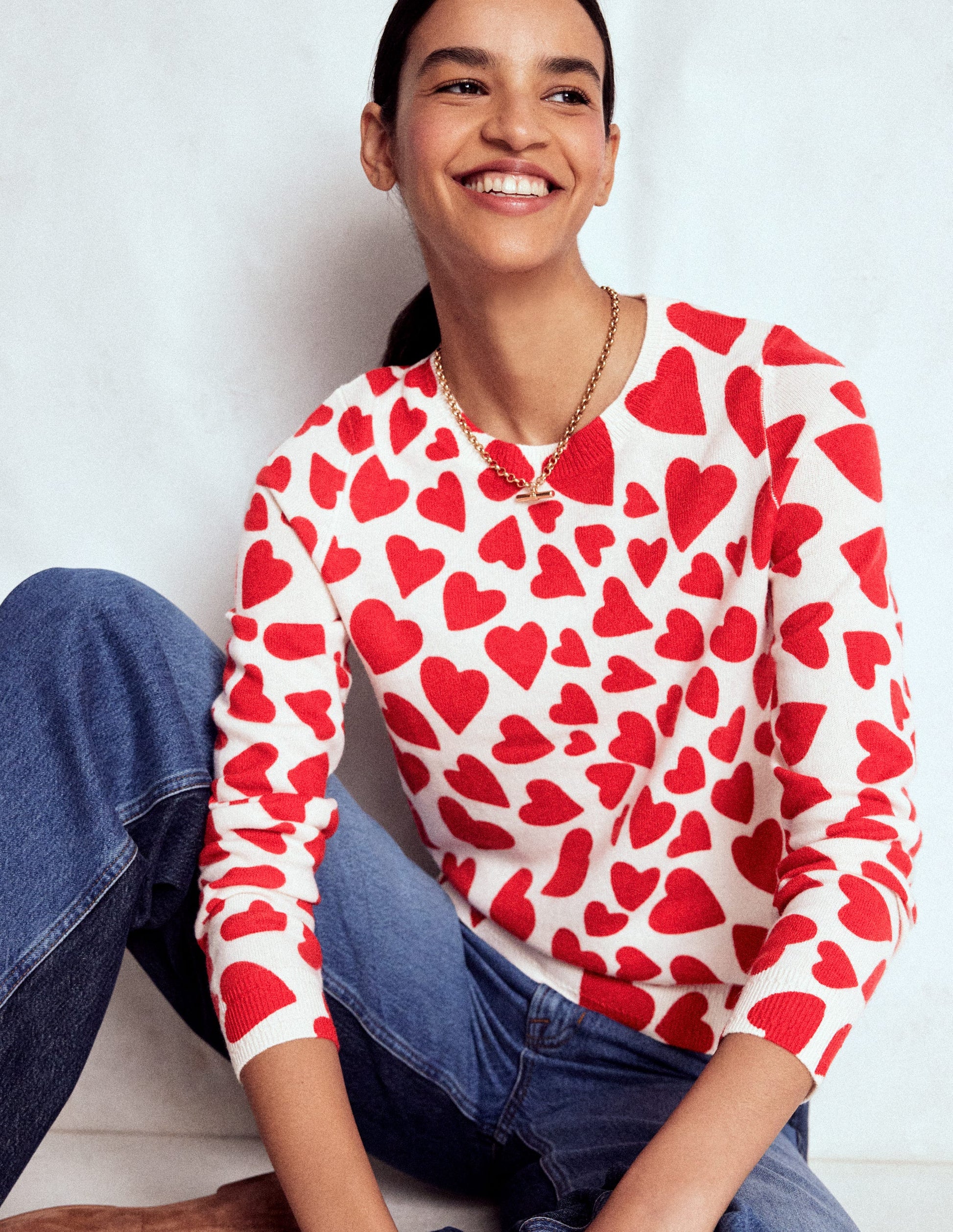 Pull Eva col rond en cachemire-Ivoire, motif Heart Cluster-4
