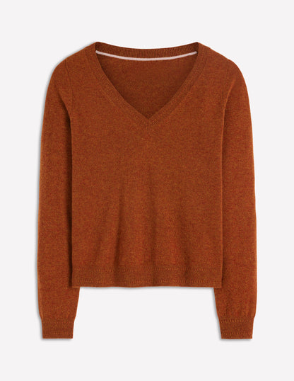 Eva Kaschmirpullover mit V-Ausschnitt-Cognac Meliert-5
